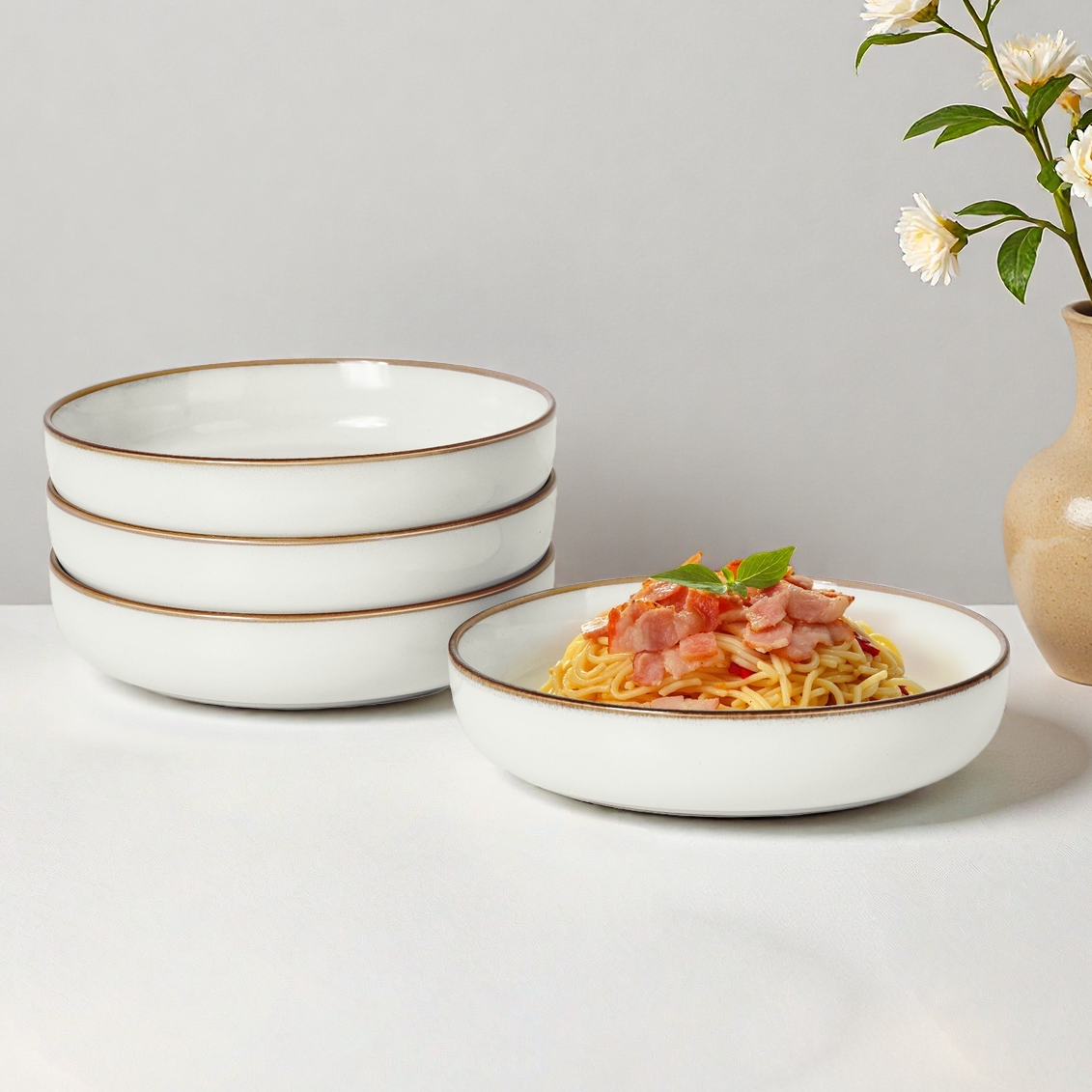 Onader Pasta Bowls Set of 4, 35oz Large Pasta Bowls for Serving, Wide Bowl Plates for Kitchen, Double Reactive Glaze, Microwave and Dishwasher Safe - Seashell White