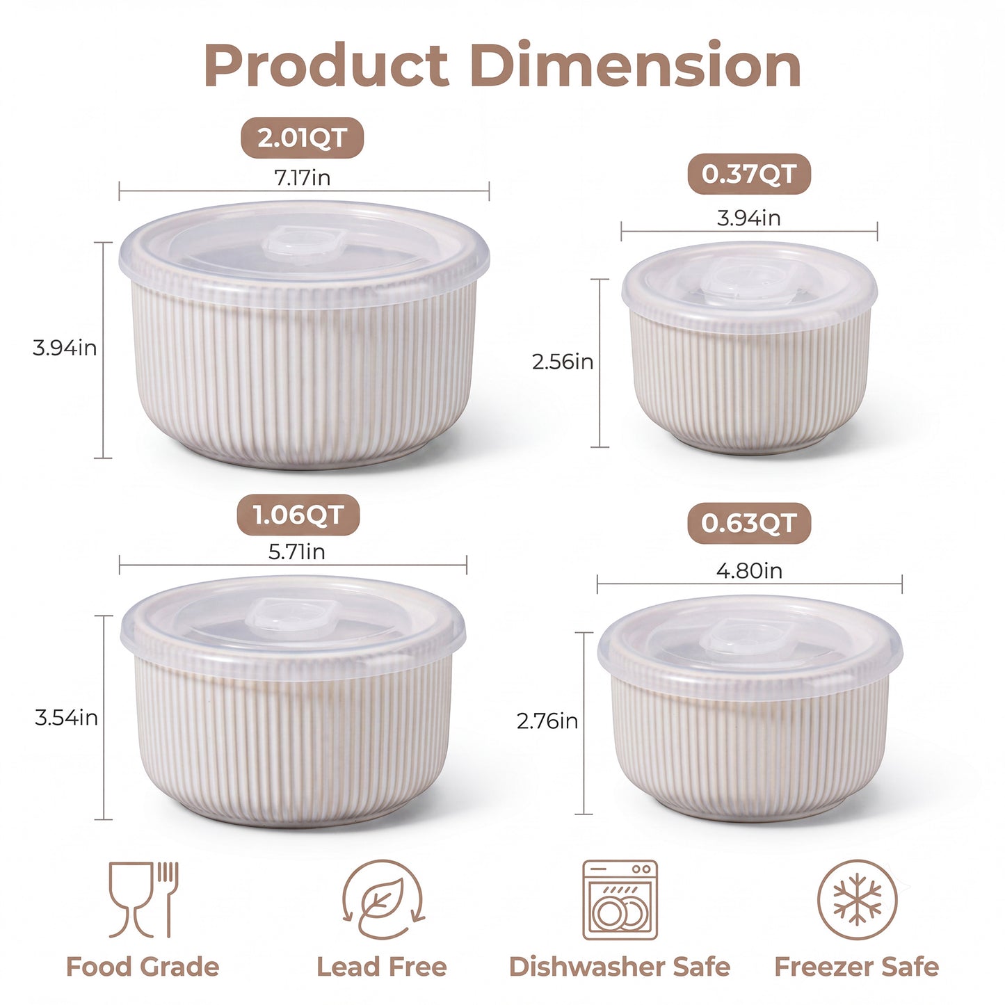 Onader 8-Piece Ceramic Bowls with Lid, Mixing Bowls Set of 4 for Kitchen Meal Prep Food Storage Leftover, Stoneware Serving Bowl for Cooking Baking, Seashell White