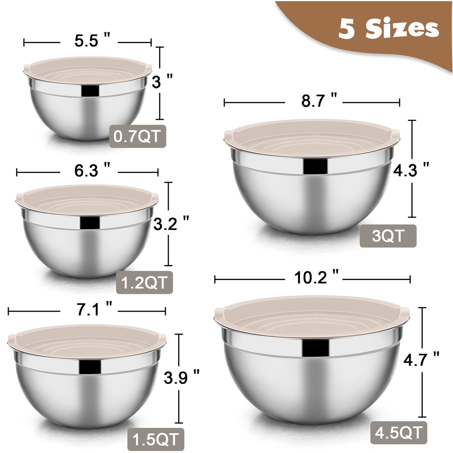 Mixing Bowls with Lids Set of 5, Vesteel Stainless Steel Mixing Bowls Metal Nesting Salad Bowls, Size 4.5, 3, 1.5, 1, 0.7 QT Great for Cooking, Baking, Serving - Khaki