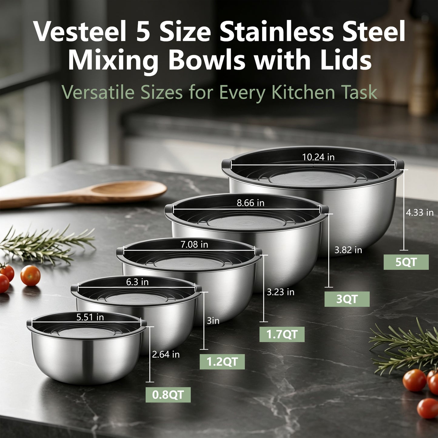 Vesteel Stainless Steel Mixing Bowls, 5 Piece Metal Nesting Bowls with Airtight Lids, Stackable Salad Bowls for Baking, Prepping & Serving, Dishwasher Safe, 5/3/1.7/1.2/0.8 QT, Black