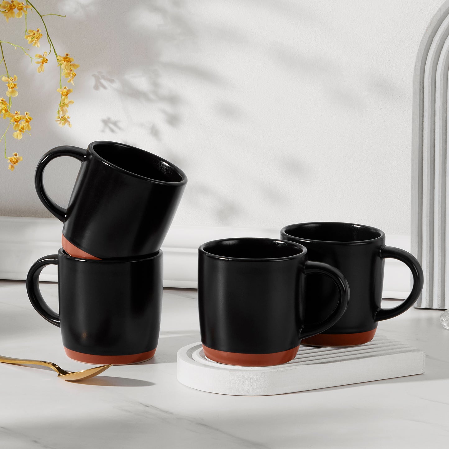 Vesteel Coffee Mugs Set of 4, 12oz Ceramic Coffee Cup with Handle, Modern Stoneware Mugs for Latte, Cappuccino, Cocoa, Dishwasher & Microwave Safe, Matte Black
