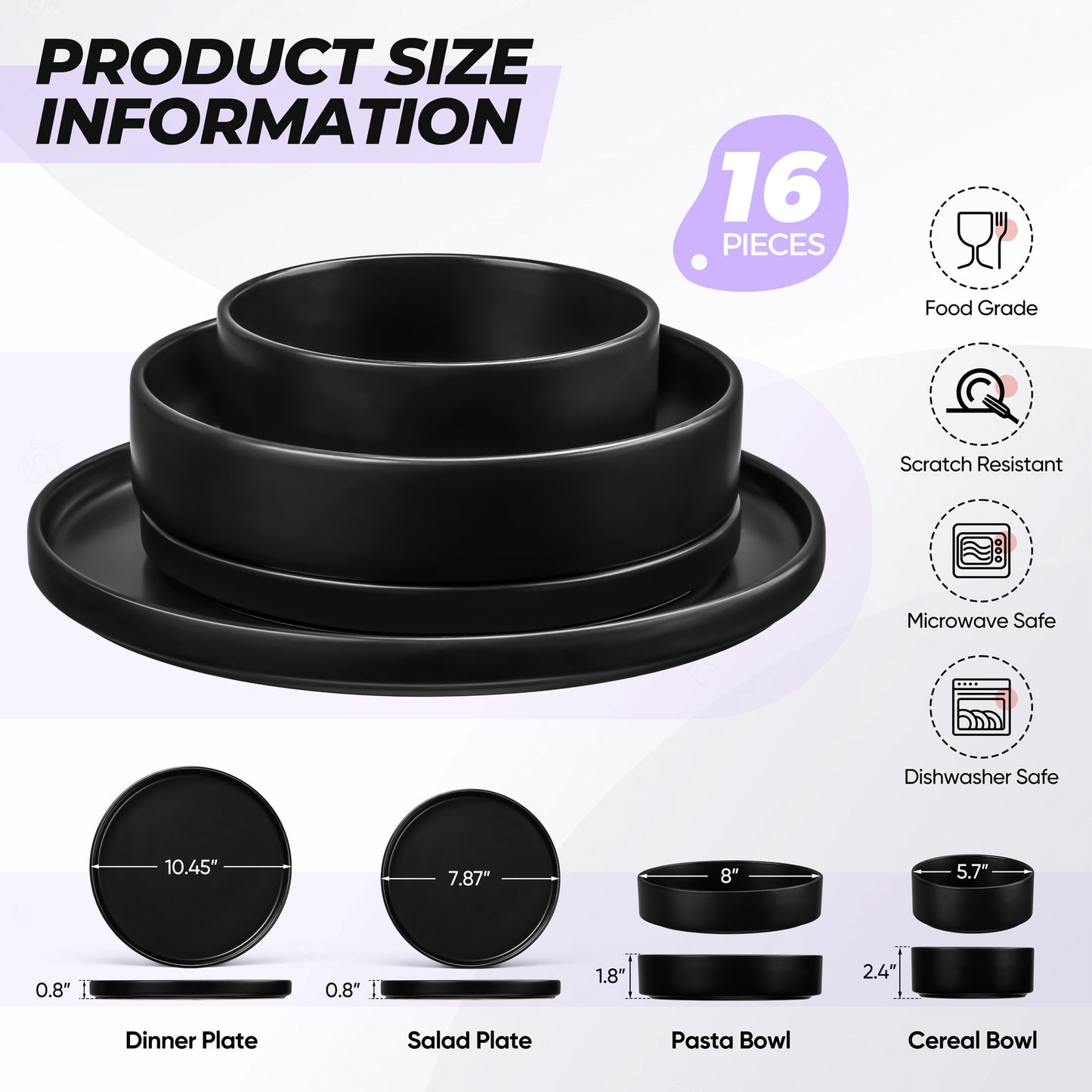 Vesteel 16 Pieces Dinnerware Sets, Premium Stoneware Dishes Set for 4, Speckled Plates and Bowls Set for Home Restaurant, Microwave and Dishwasher Safe - Matte Black