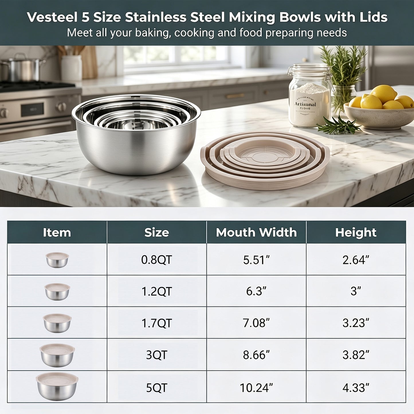 Vesteel Stainless Steel Mixing Bowls, 5 Piece Metal Nesting Bowls with Airtight Lids, Stackable Salad Bowls for Baking, Prepping & Serving, Dishwasher Safe, 5/3/1.7/1.2/0.8 QT, Khaki