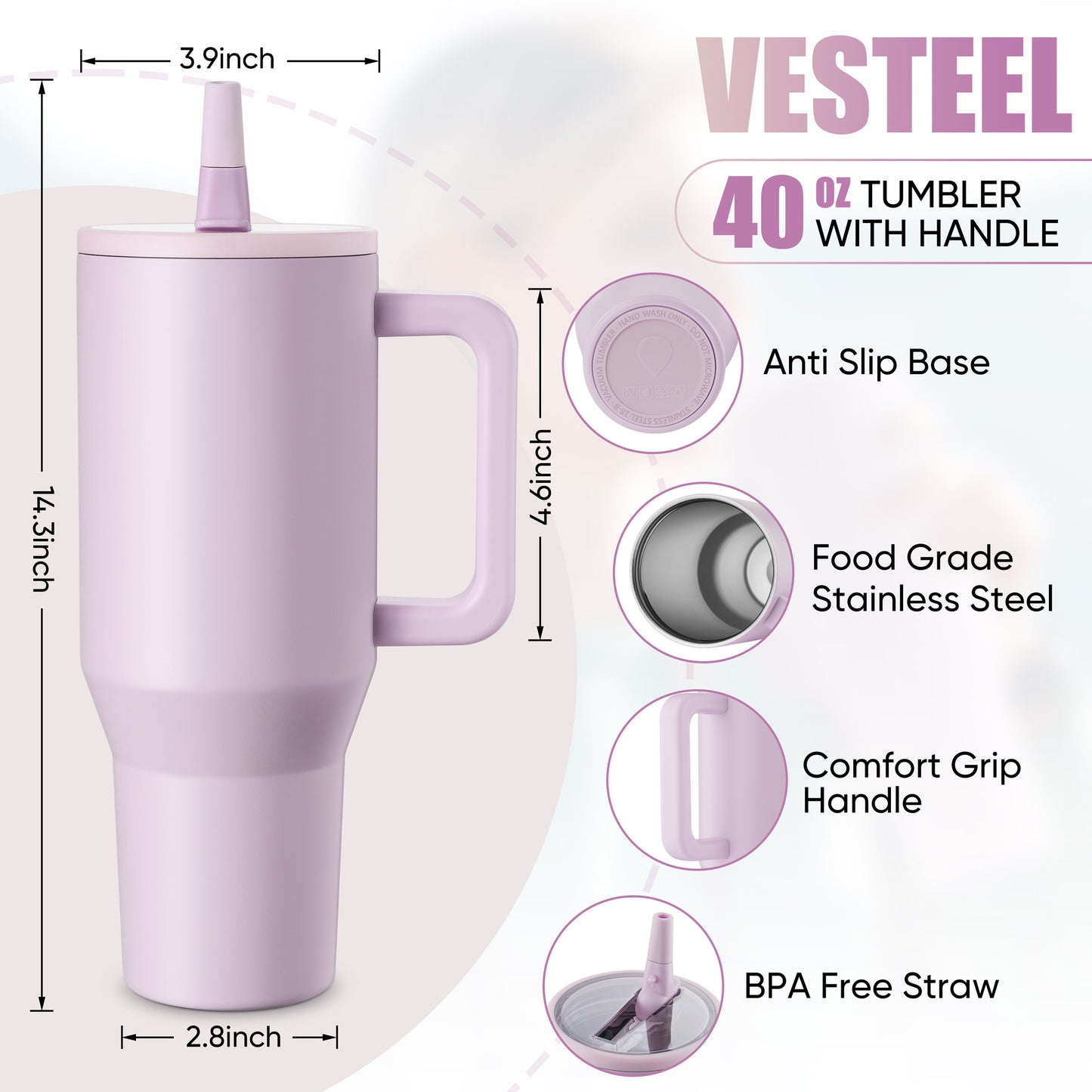 Vesteel 40 oz Stainless Steel Tumbler with Handle & Straw Lid, Vacuum Insulated Travel Mug, Leak Resistant Water Bottle for Water Ice Tea Coffee and Beverages, Gifts for Festival, Pink Sand