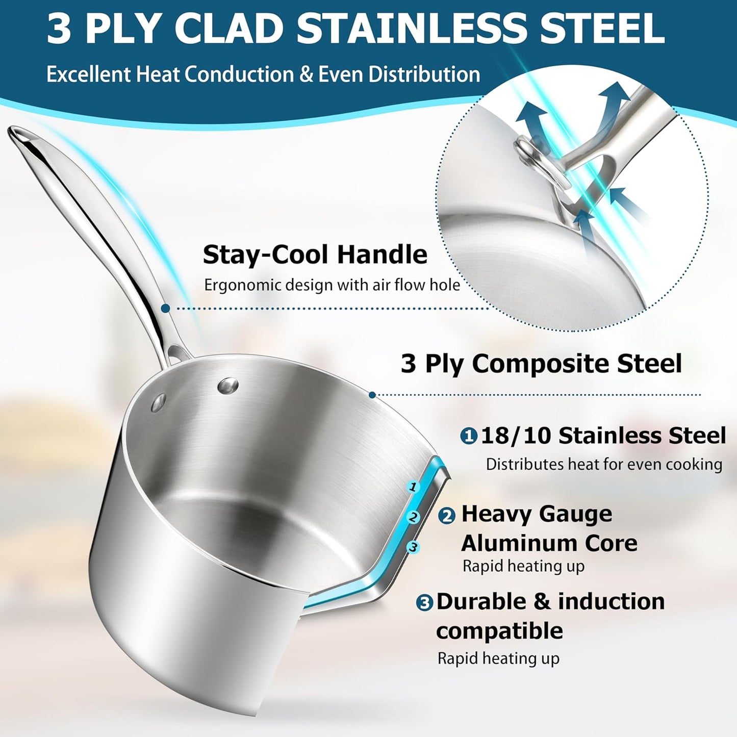 Vesteel 3 Quart Saucepan with Lid, Tri-Ply Stainless Steel Sauce Pan, 3qt Small Induction Cooking Pot with Ergonomic Handle, Small Pan for Making Sauce, Warming Milk, Boiling Eggs, Dishwasher Safe