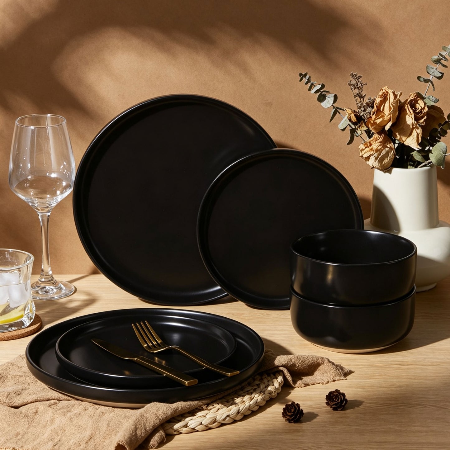 Vesteel Stoneware Dinnerware Sets for 2, 6 Pieces Ceramic Plates and Bowls Sets, Elegant Dishes with Rustic Terracotta Base, Dishwasher & Microwave Safe, Scratch Resistant, Matte Black