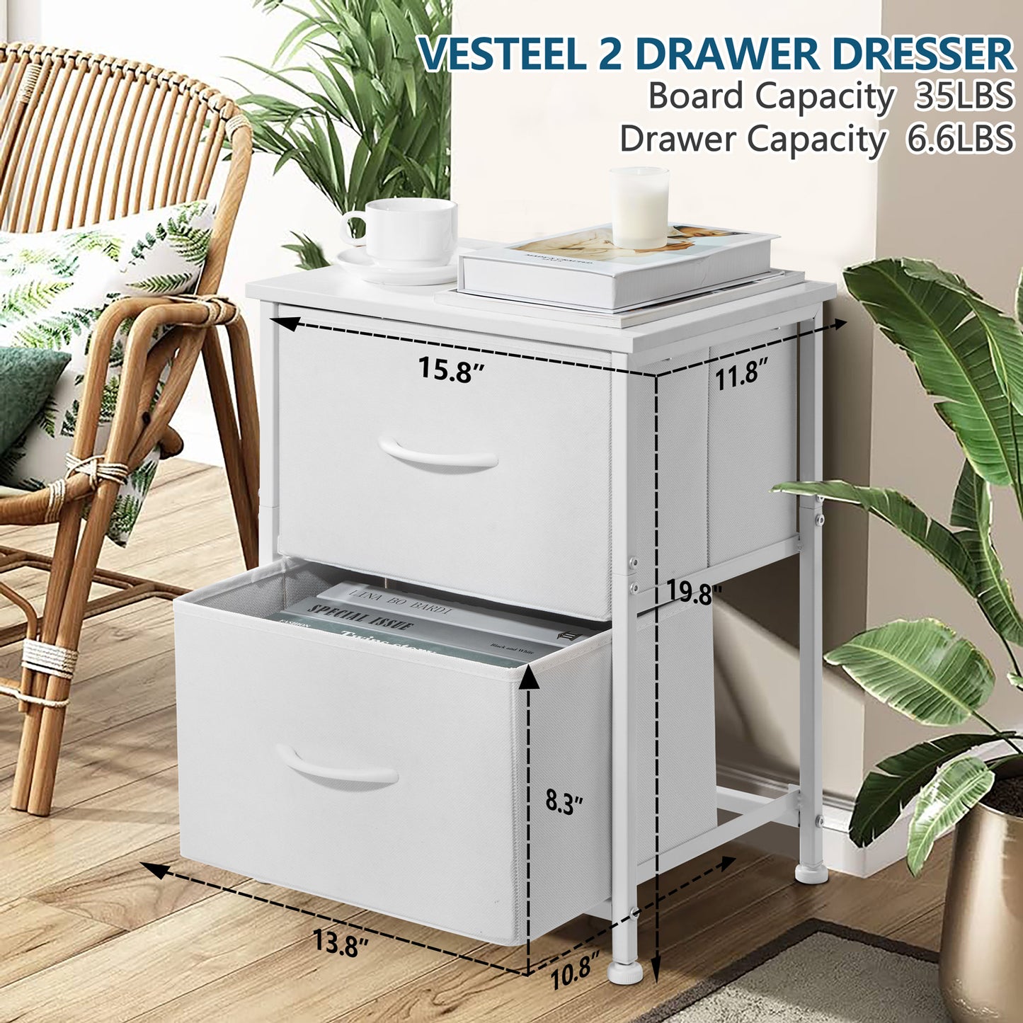 Vesteel Nightstand, 2 Drawers Dresser with Wood Top and Sturdy Steel Frame, Fabric End Table Bedside Furniture Dresser for Bedroom Closet Dorm - White