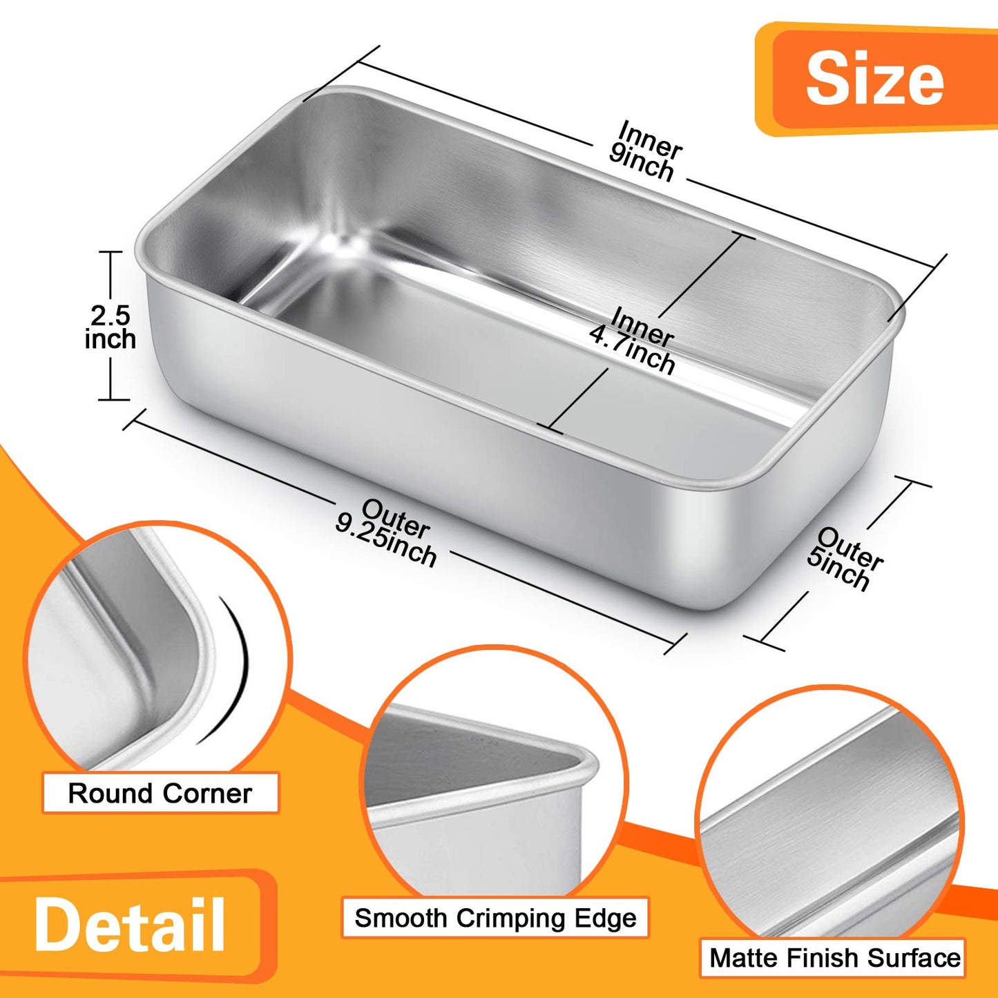 Loaf Pan Set of 2, VeSteel 9x5 Inch Bread Pans, Stainless Steel Loaf Toast Baking Pans For Bread Meatloaf Lasagna Cake, Healthy & Non Toxic,Deep Side & Smooth Roll, Oven & Dishwasher Safe