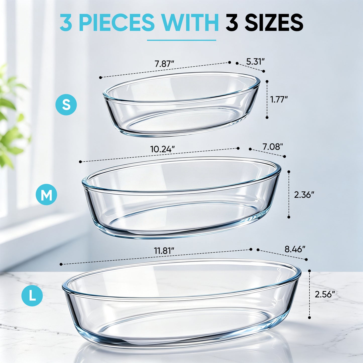 Vesteel 3-Piece Glass Baking Dish Set, Oval Baking Tray for Oven, Non-Stick Glass Bakeware Set Kitchen Casserole Dishes for Prepping and Baking, Heat-Resistant & Oven Freezer Dishwasher Safe