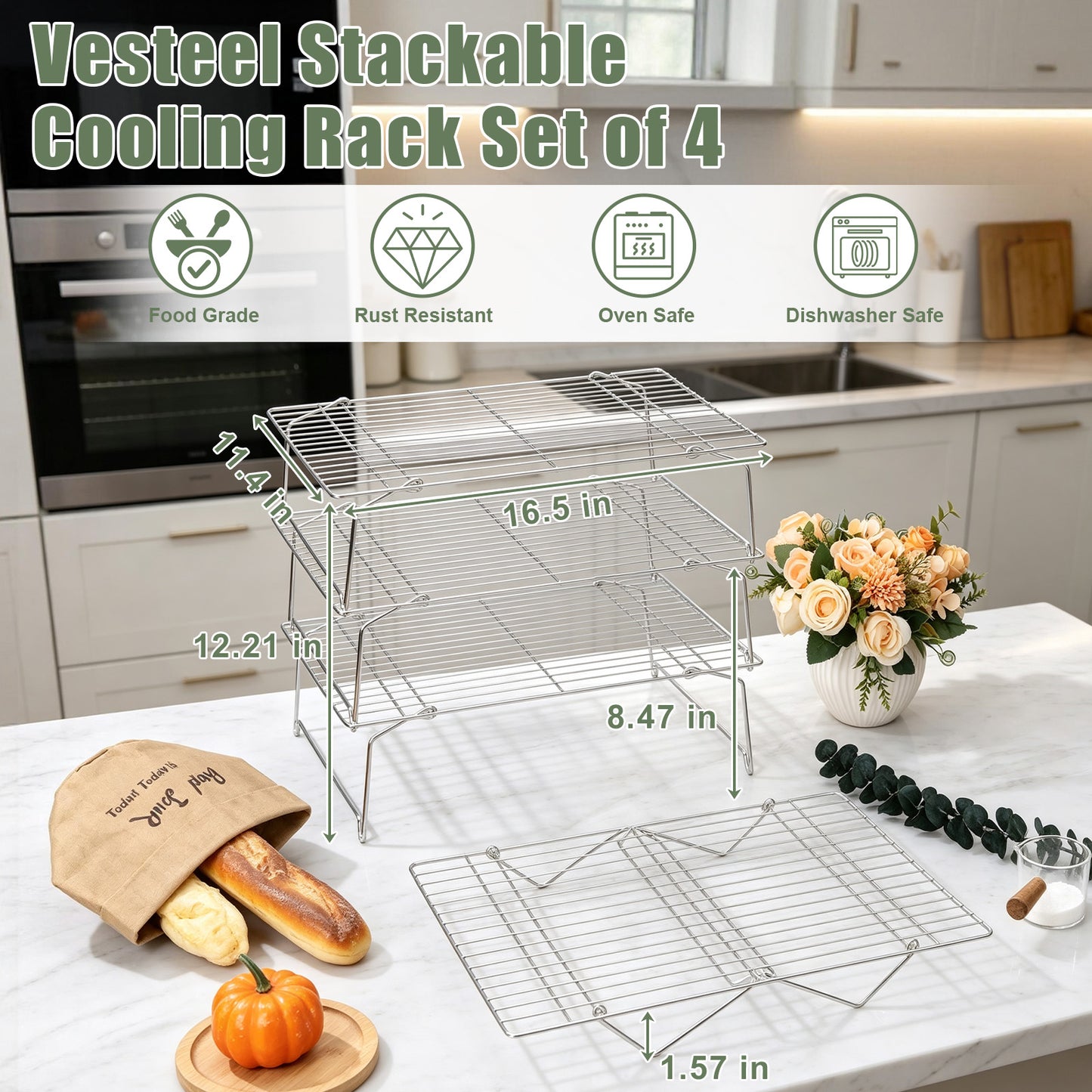 Vesteel 4-Tier Stainless Steel Cooling Racks, Stackable Baking Cooking Racks for Bread Cookie Cakes, Wire Racks with Folding Legs, Oven & Dishwasher Safe, 16.5’’ x 11.4’’