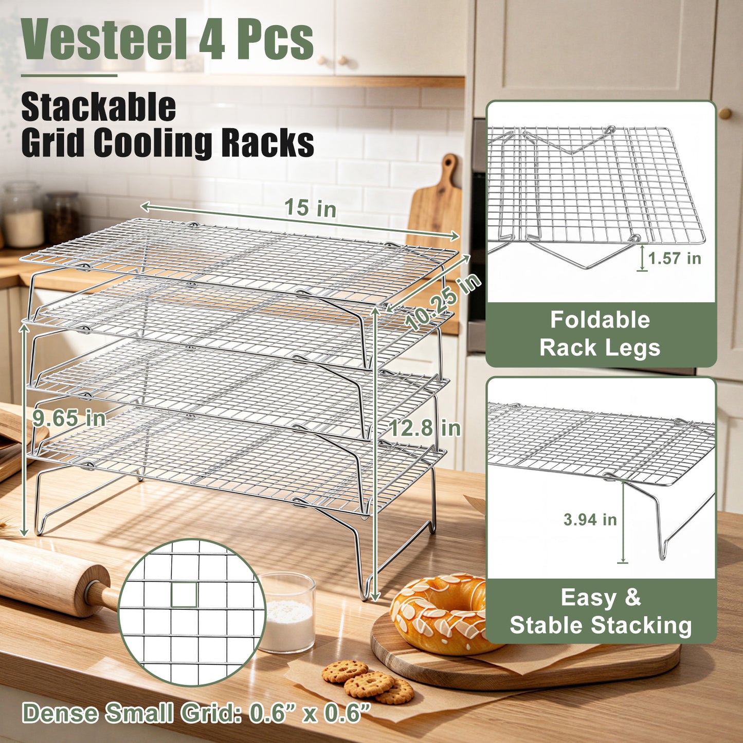 Vesteel 4-Tier Cooling Racks, Stainless Steel Stackable Grid Baking Racks, Collapsible Wire Racks for Cooking Grilling Roasting, Oven & Dishwasher Safe, 15’’ x 10’’