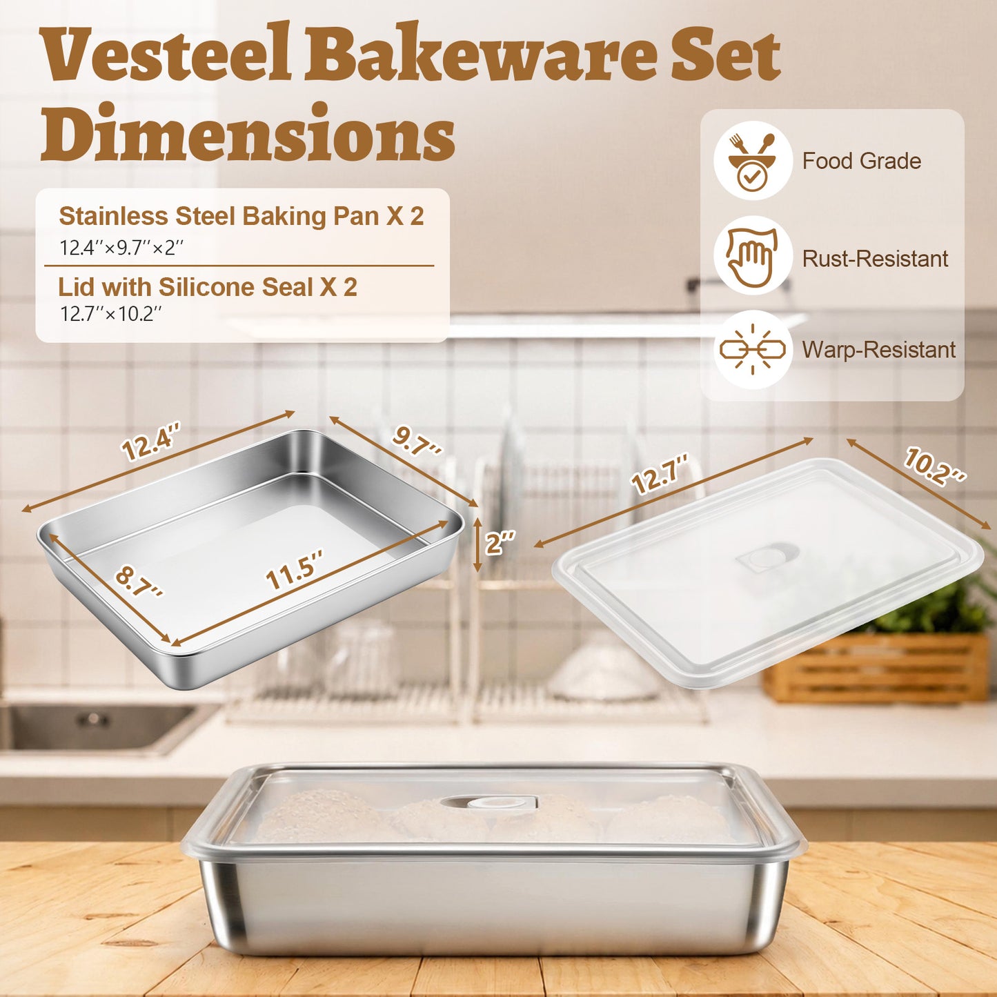 Vesteel Baking Pan With Lid Set of 2, Stainless Steel Lasagna Pan with Cover, Rectangular Toaster Oven Pan for Cake Brownies Casseroles, 2 Inch Deep Side & Dishwasher Safe, 12.4” X 9.7”