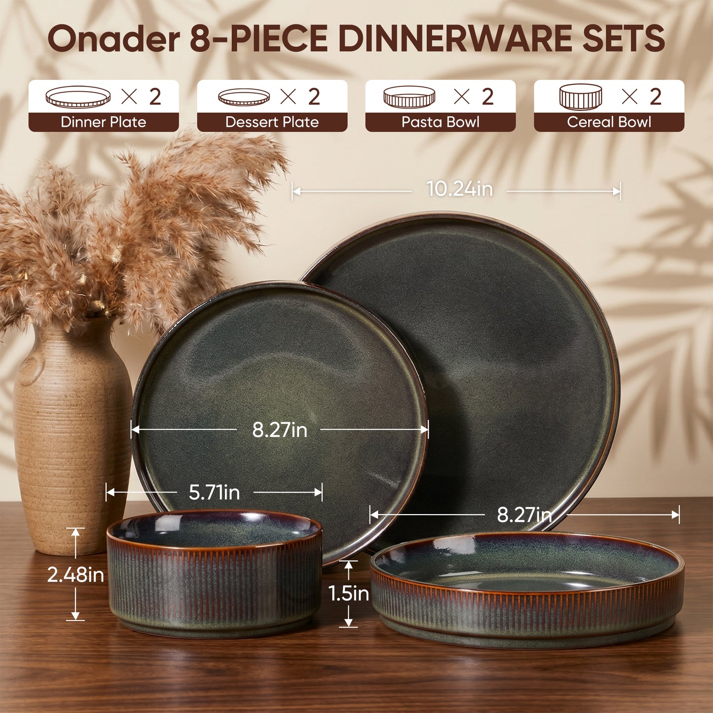 Onader 8-Piece Stoneware Dinnerware Set, Vertical Striped Reactive Glaze Plates and Bowls Sets for the Kitchen, Microwave & Dishwasher Safe, Blackish Green
