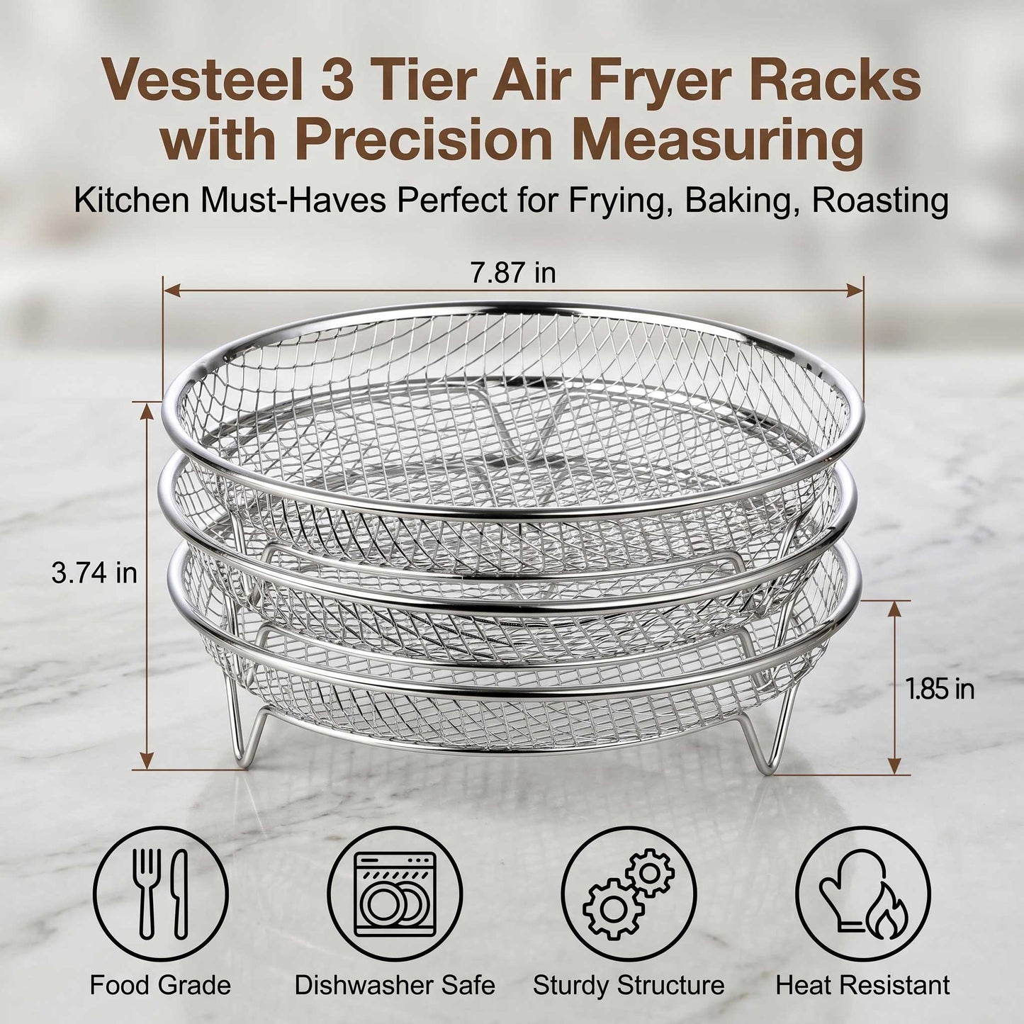 Vesteel Round Air Fryer Racks, 3 Tier Stackable Air Fryer Basket Accessories, 7.9” Dehydrator Rack for Air Fryer Steamer Oven, Roasting Rack Set Fits 6 -10 QT Air Fryer, Dishwasher Safe