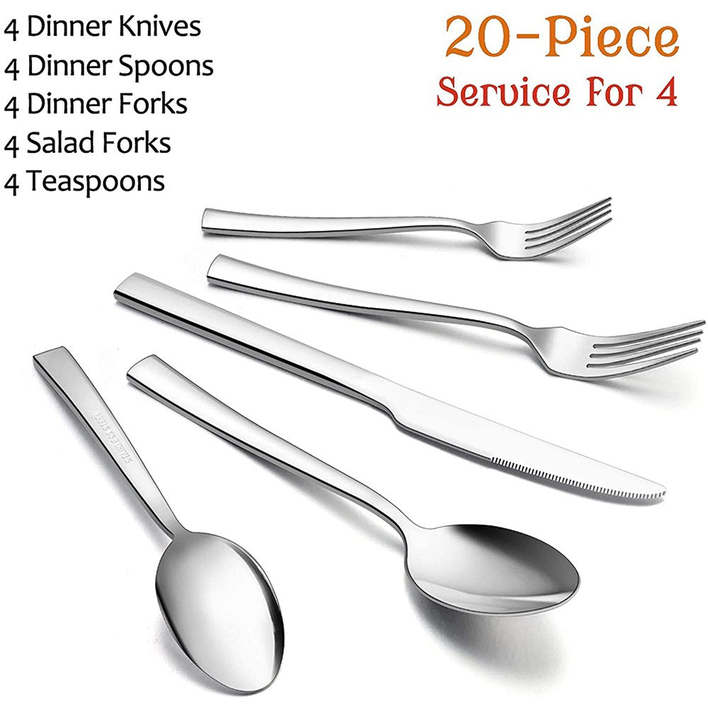 20-Piece Silverware Set, VeSteel Stainless Steel Flatware Set Service for 4, Modern Tableware Cutlery Set Includes Forks, Spoons, Knives, Square Edge & Mirror Finish, Dishwasher Safe