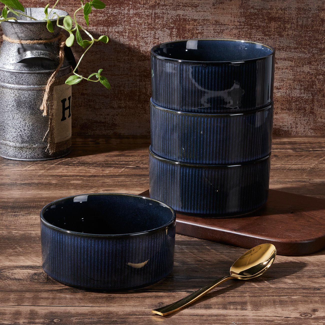 Vesteel Cereal Bowl for 4, 26oz Stoneware Soup Bowls with Textured Stripes, 4-Piece Ceramic Kitchen Bowls for Salad Fruit Pasta Soup, Dishwasher Safe & Microwave Safe, Ocean Blue