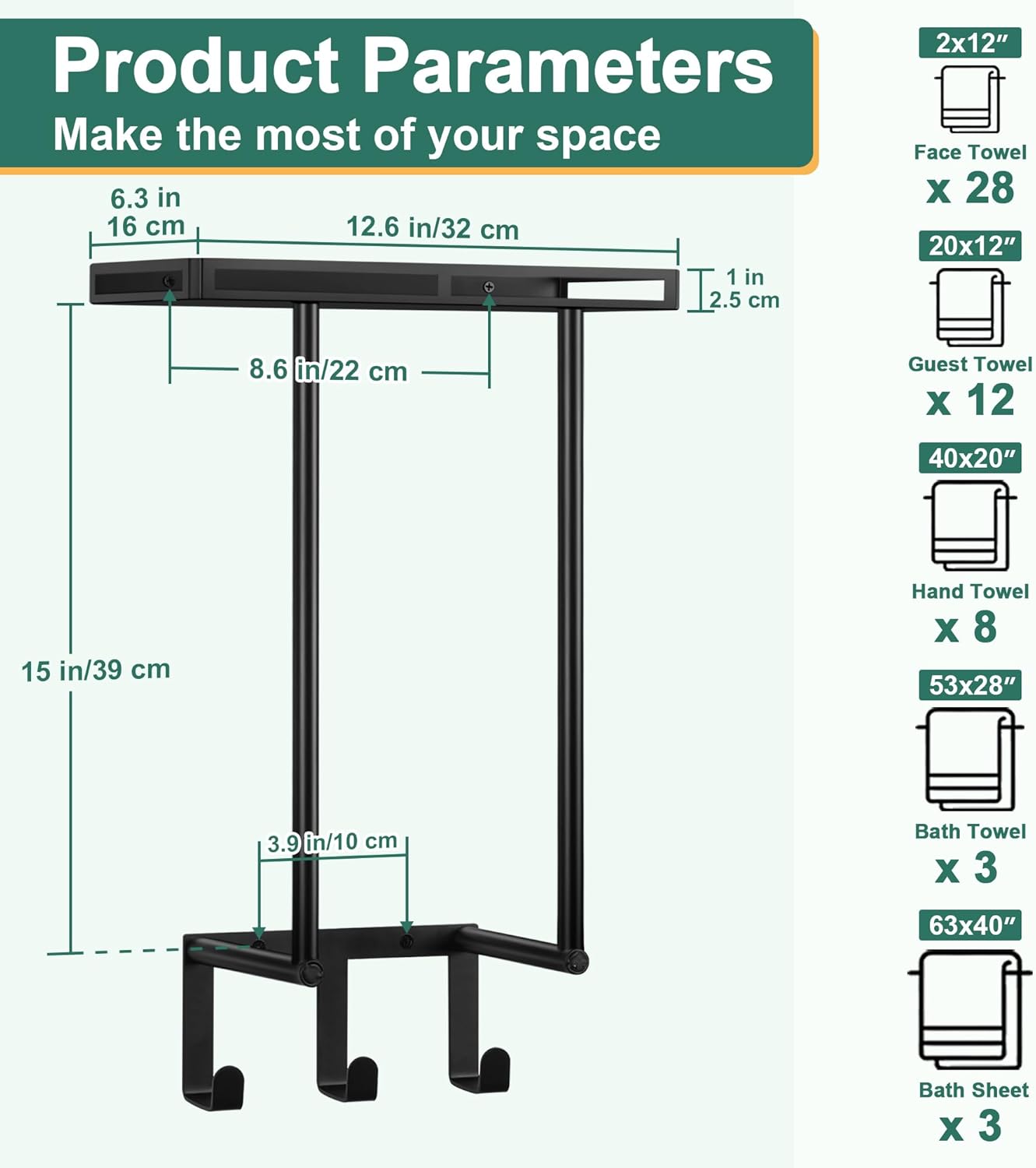 Towel Racks for Bathroom, Vesteel Wall Mounted Towel Rack with Metal Shelf and 3 Hooks, 15 Inch Rolled Towel Holder Bath Storage Organizer, Vertical Rack for Small Space Bathroom Wall Decor, Black