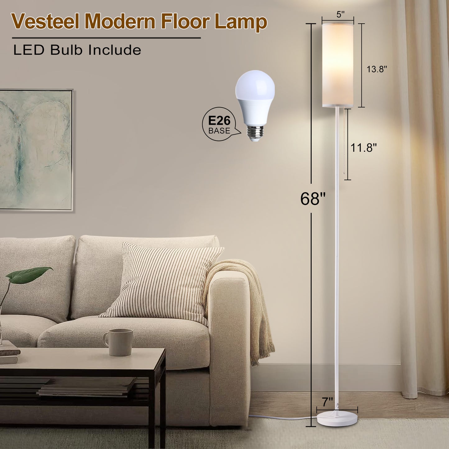 Vesteel Floor Lamp for Living Room, Modern Standing Lamp with 3 Color Temperatures LED Bulb & Linen Lampshade, Pole Lamp for Bedroom Living Room Office, White