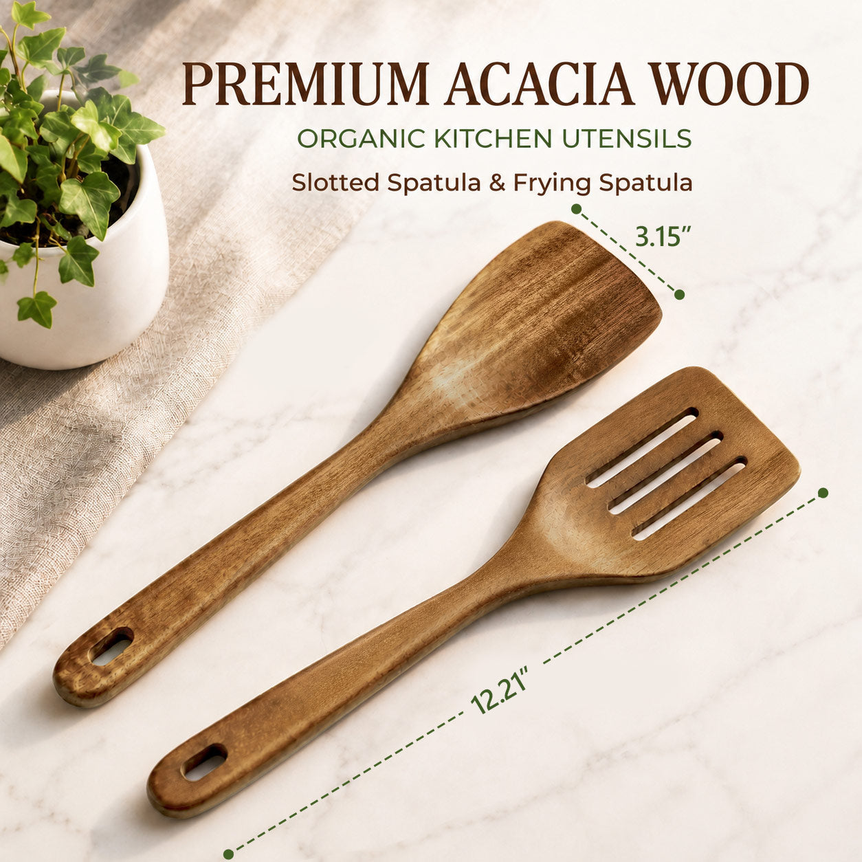 Vesteel 2-Piece Wooden Spatula Set, 12.2 Inch Acacia Wood Solid & Slotted Turners for Cooking Frying, Heat Resistant Kitchen Cooking Utensils Safe for Non-Stick Cookware, Easy to Clean