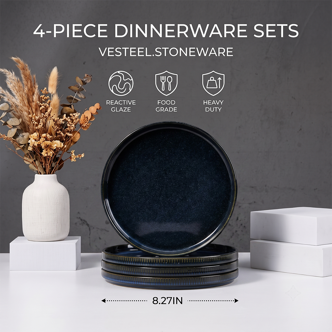 Vesteel Salad Plate for 4, 8 inch Stoneware Dinner plates with Textured Stripes, 4-Piece Ceramic Kitchen Plates for Dessert Salad, Dishwasher Safe & Microwave Safe, Ocean Blue