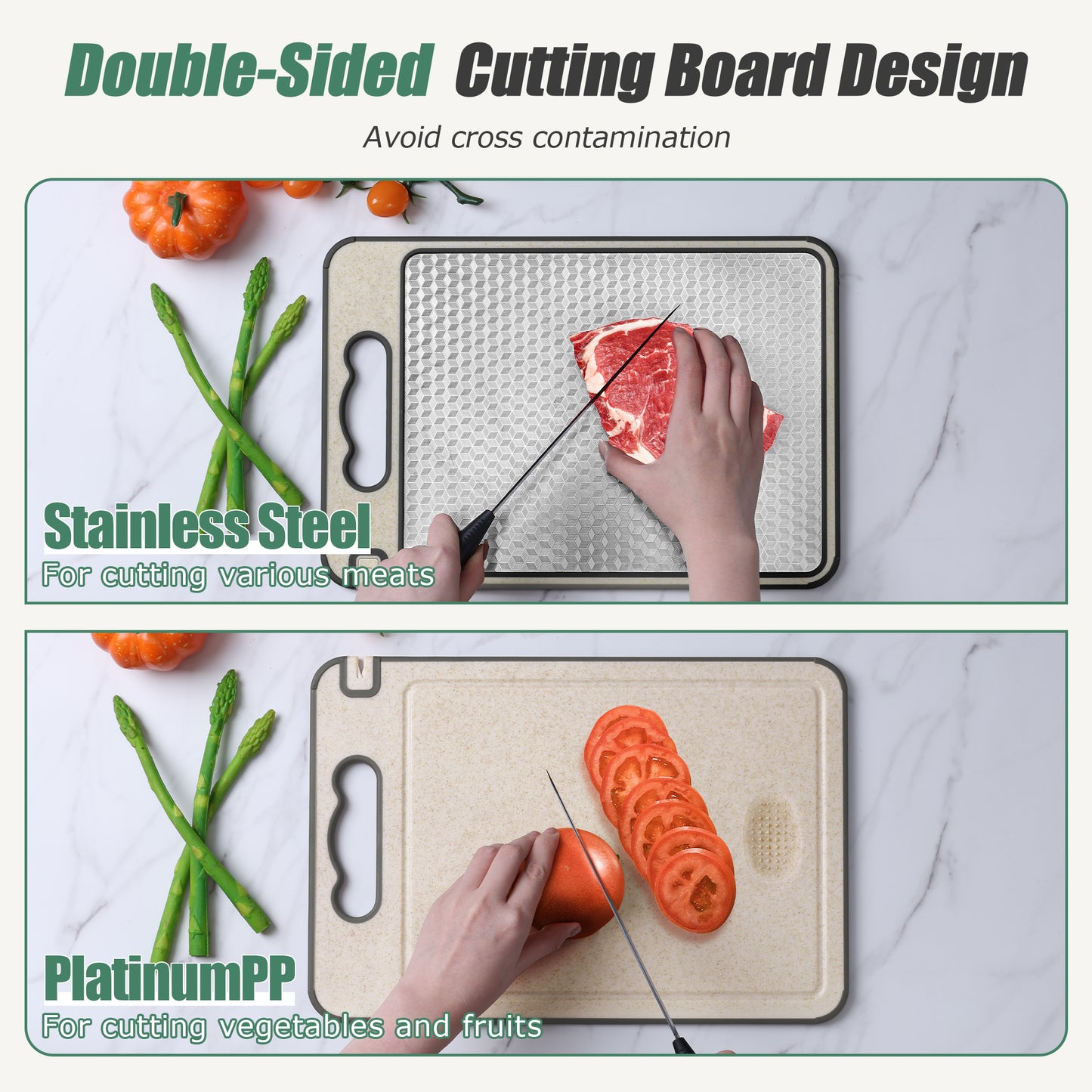 Vesteel Stainless Steel Cutting Board for Kitchen, 14” x 10” Double Sided Non Toxic Chopping Board, Mesh Design Stainless Steel and Wheat Straw PP, Dishwasher Safe & Scratch Resistant