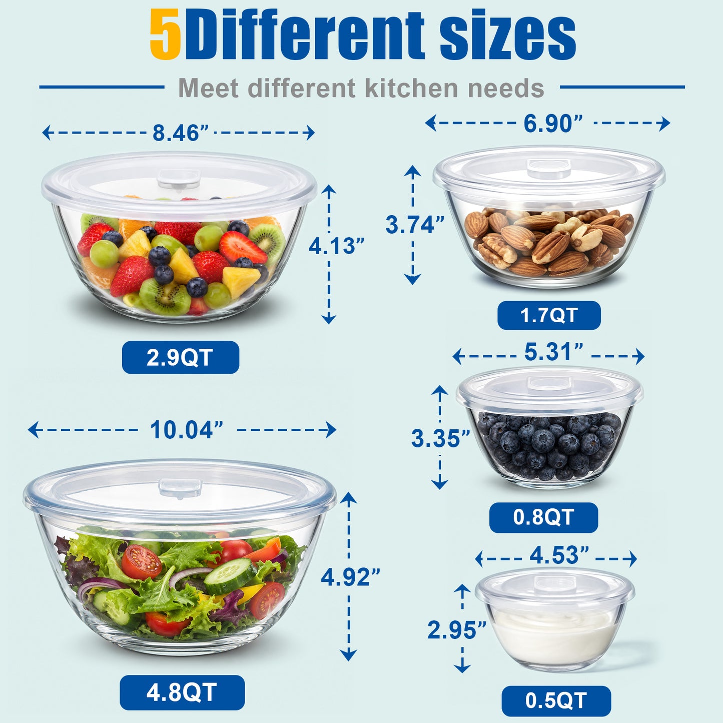 Vesteel 5Pcs Glass Mixing Bowls with Lids Set (4.8/2.9/1.7/0.8/0.5QT), Nesting  Large Salad Bowls with Airtight Vent Lid for Kitchen Cooking Baking Prepping, Dishwasher, Microwave & Freezer Safe