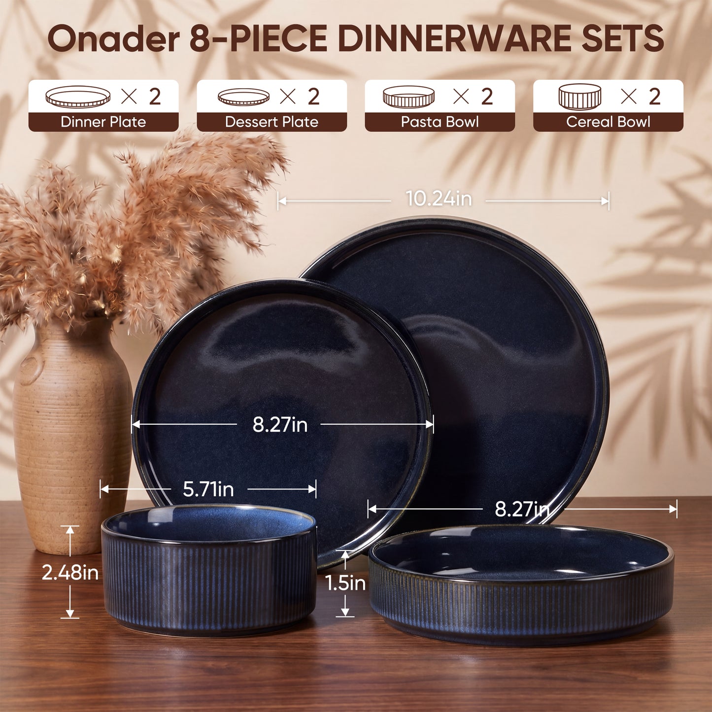 Onader 8-Piece Stoneware Dinnerware Set, Vertical Striped Reactive Glaze Plates and Bowls Sets for the Kitchen, Microwave & Dishwasher Safe, Starry Blue