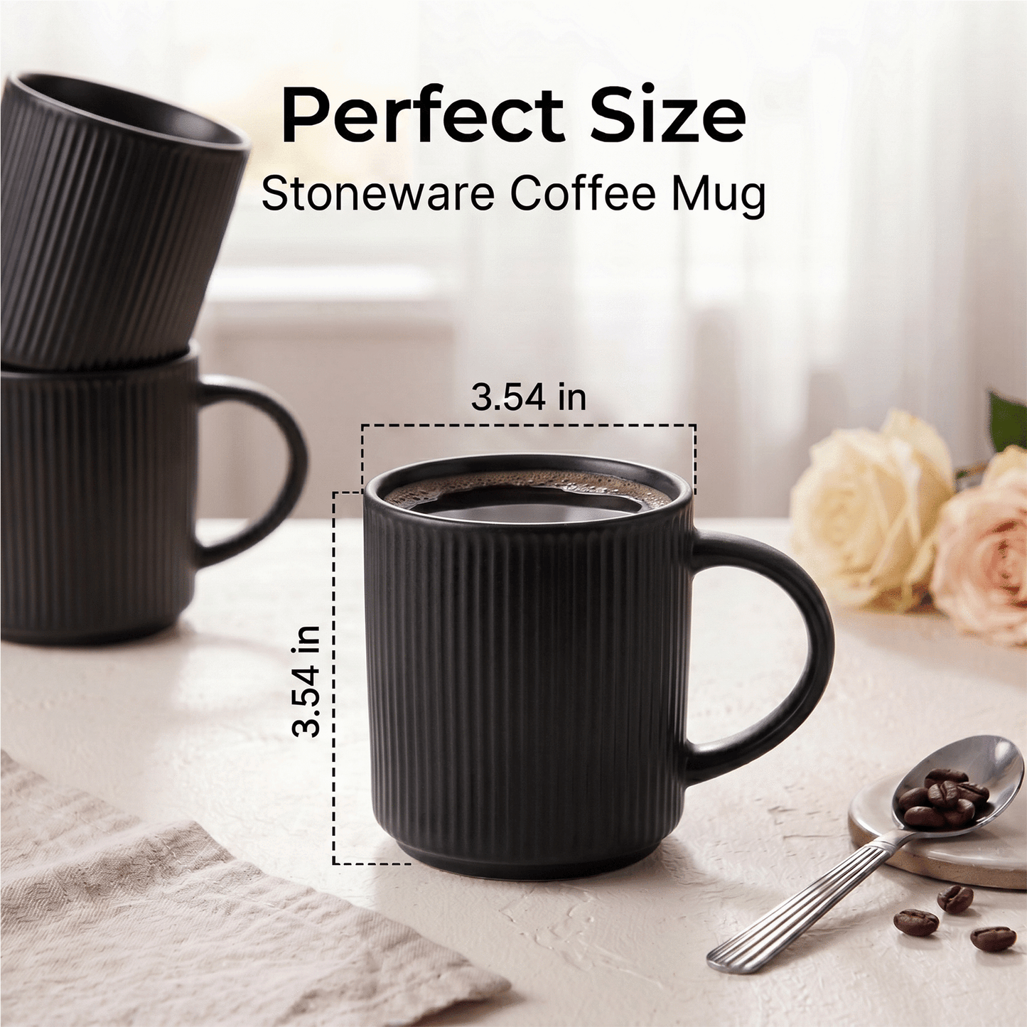 Onader 4-Pieces Coffee Mugs Set, Water Cups with Large Handle, 12 oz Ceramic Mugs Suitable for Tea Milk Latte, Stain-Resistant & Microwave Safe, Matte Black