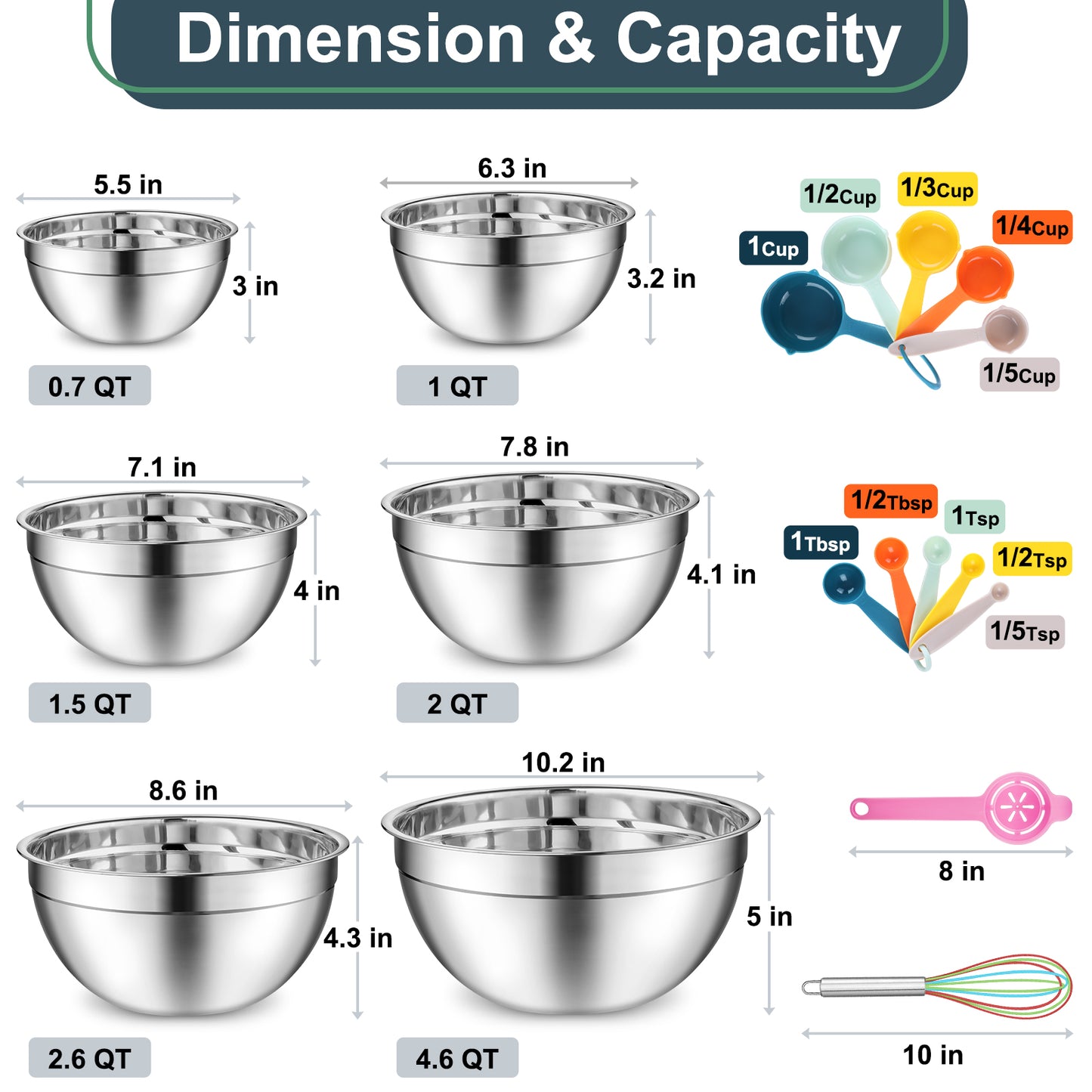 Vesteel 35PCS Mixing Bowls with Lids Set, Stainless Steel Nesting Salad Prep Bowls Attach with 3 Graters & Kitchen Utensils for Mixing Serving Grating, Size 4.5/3.5/3/2.5/1.5/1.2/0.7 QT, Multi-color