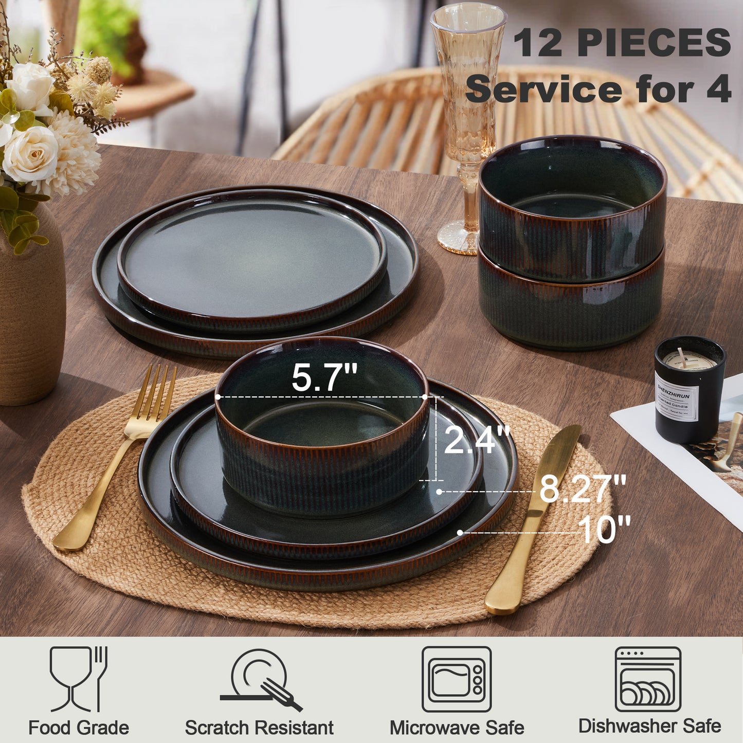 Vesteel Dinnerware Set for 4, 12-Piece Premium Stoneware Ribbed Dishes with Reactive Glaze, Chip & Scratch Resistant Plates and Bowls Set for Home Restaurant, Microwave and Dishwasher Safe - Green