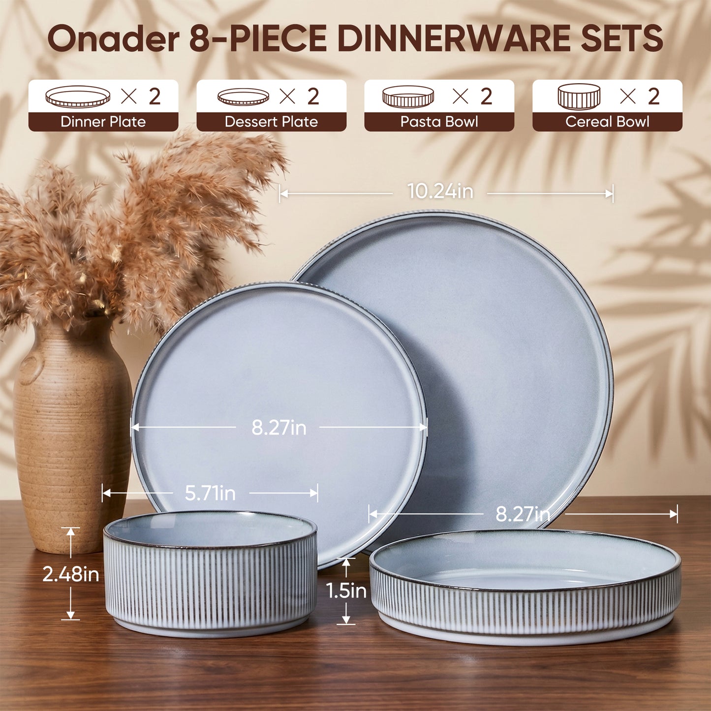 Onader 8-Piece Stoneware Dinnerware Set, Vertical Striped Reactive Glaze Plates and Bowls Sets for the Kitchen, Microwave & Dishwasher Safe, Smoke Gray