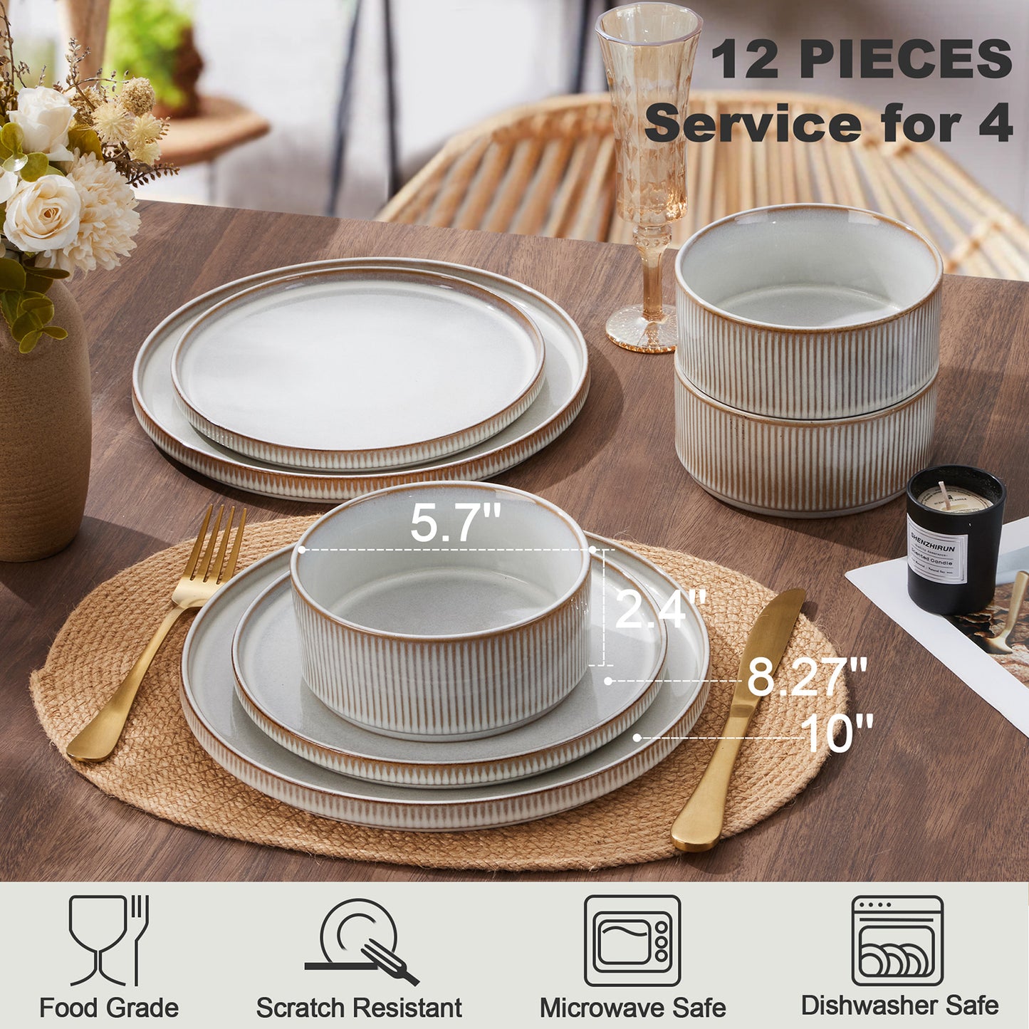 Vesteel Dinnerware Set for 4, 12-Piece Premium Stoneware Ribbed Dishes with Reactive Glaze, Chip & Scratch Resistant Plates and Bowls Set for Home Restaurant, Microwave Safe - Cappuccino White