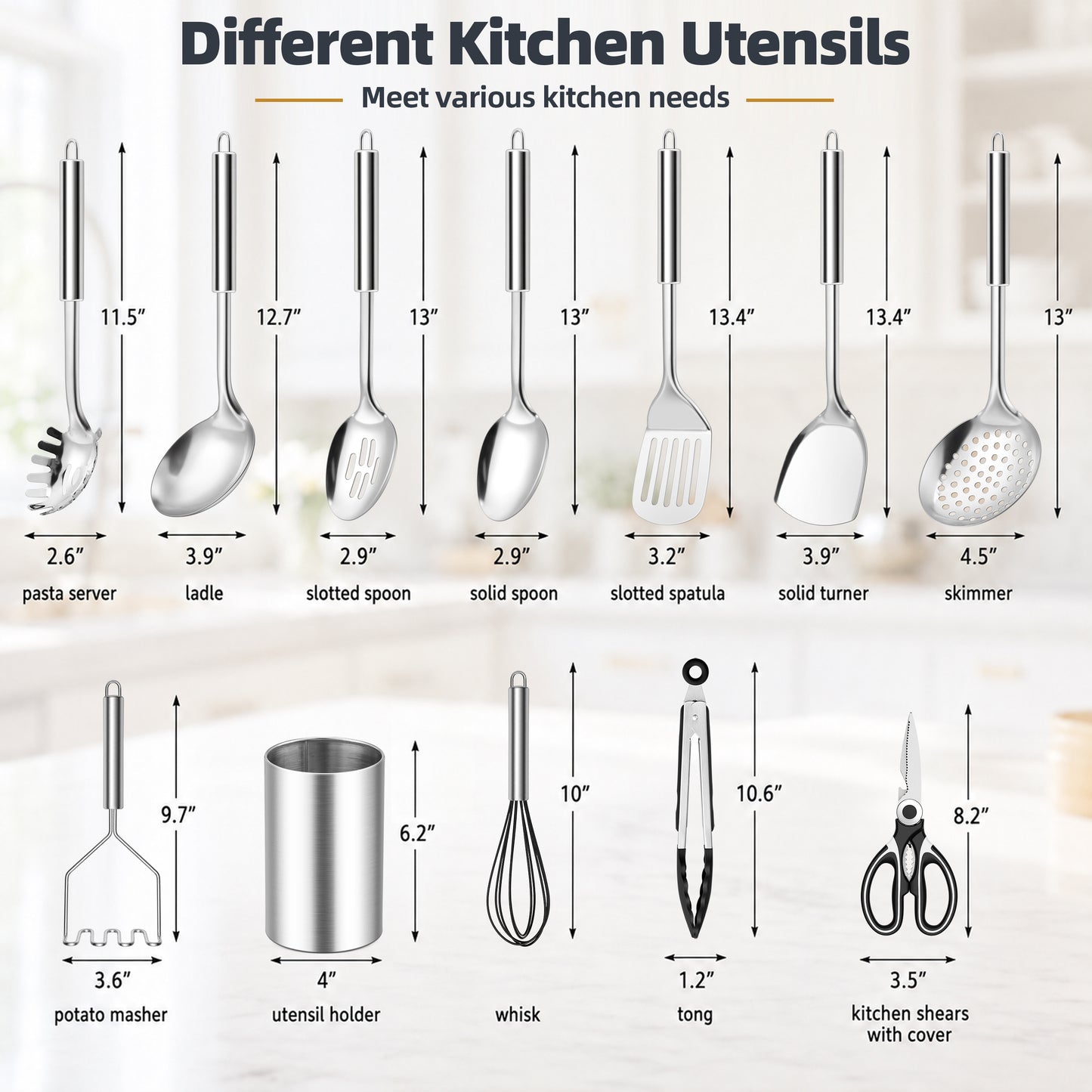 Vesteel 12-Piece Cooking Utensils Set, Stainless Steel Kitchen Utensils with Holder, Non-stick Cookware Set Include Pasta Server, Potato Masher and Spatula, Heat Resistant & Dishwasher Safe