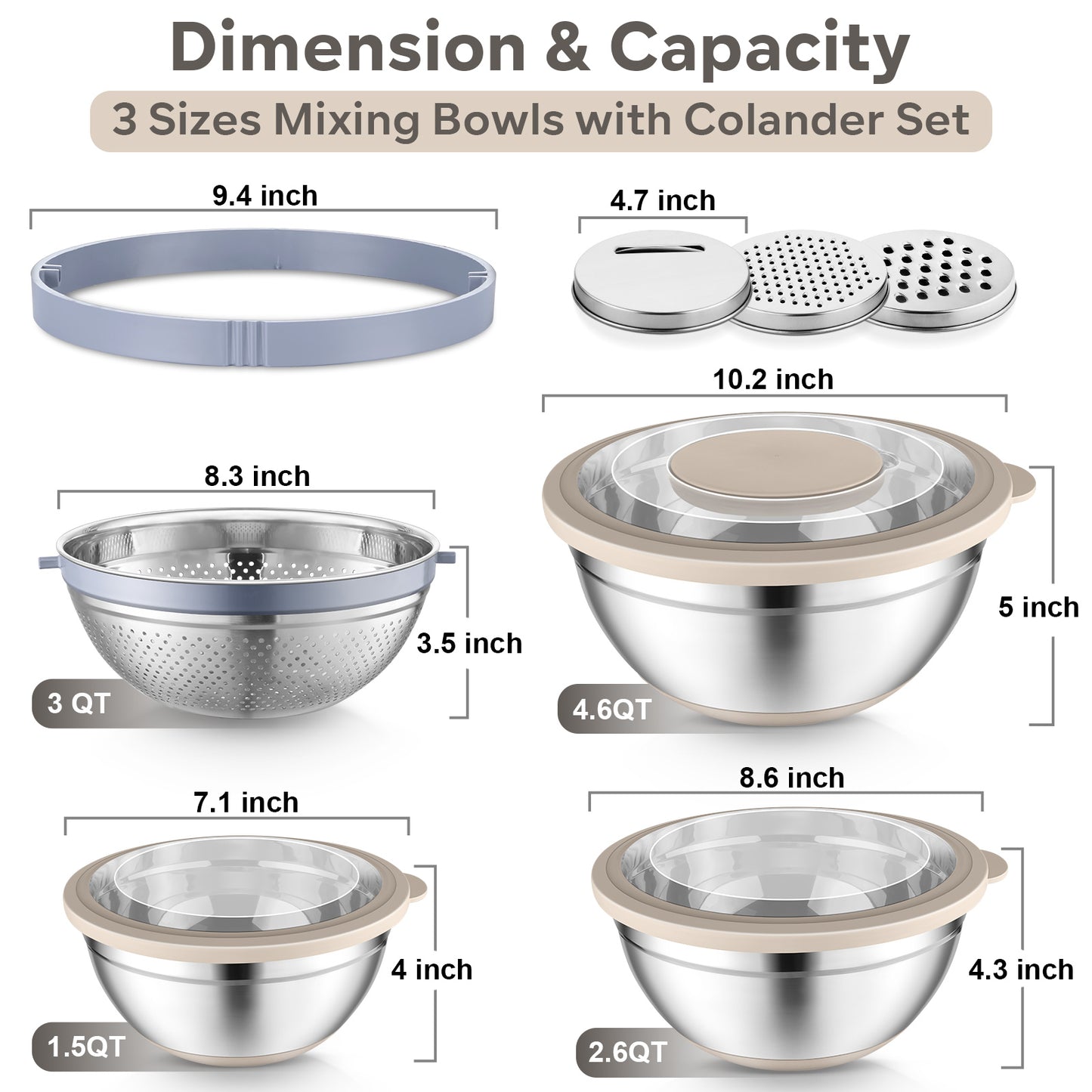 Vesteel Mixing Bowls with Lids Set of 7, Stainless Steel Nesting Bowls with Colander and 3 Graters for Draining Prepping Slicing, Nonslip Bottoms & Airtight Lid, Size 4.6, 2.6, 1.5 Qt, Khaki