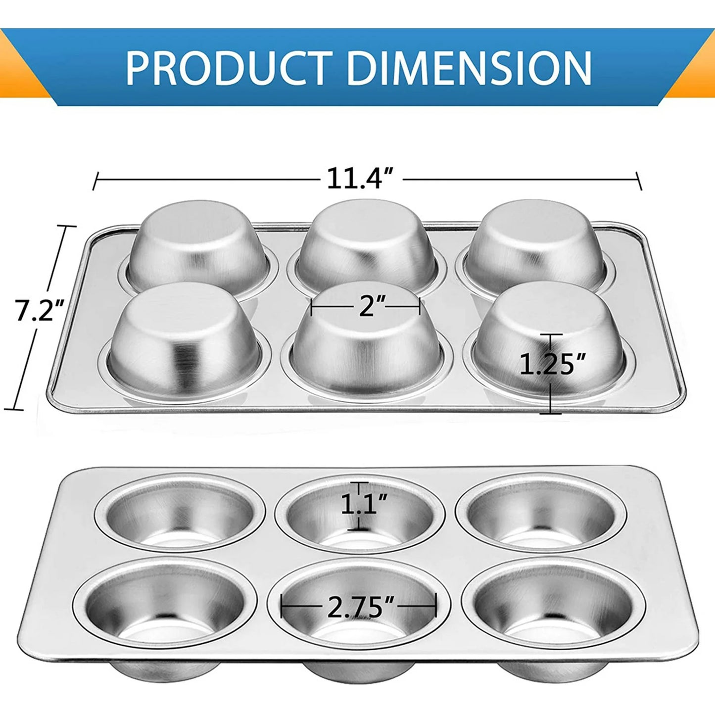 VeSteel Stainless Steel Muffin Pan Set of 2, Metal Cupcake Pan Tray for Baking, Non-Toxic, Dishwasher Safe - 6-Cup