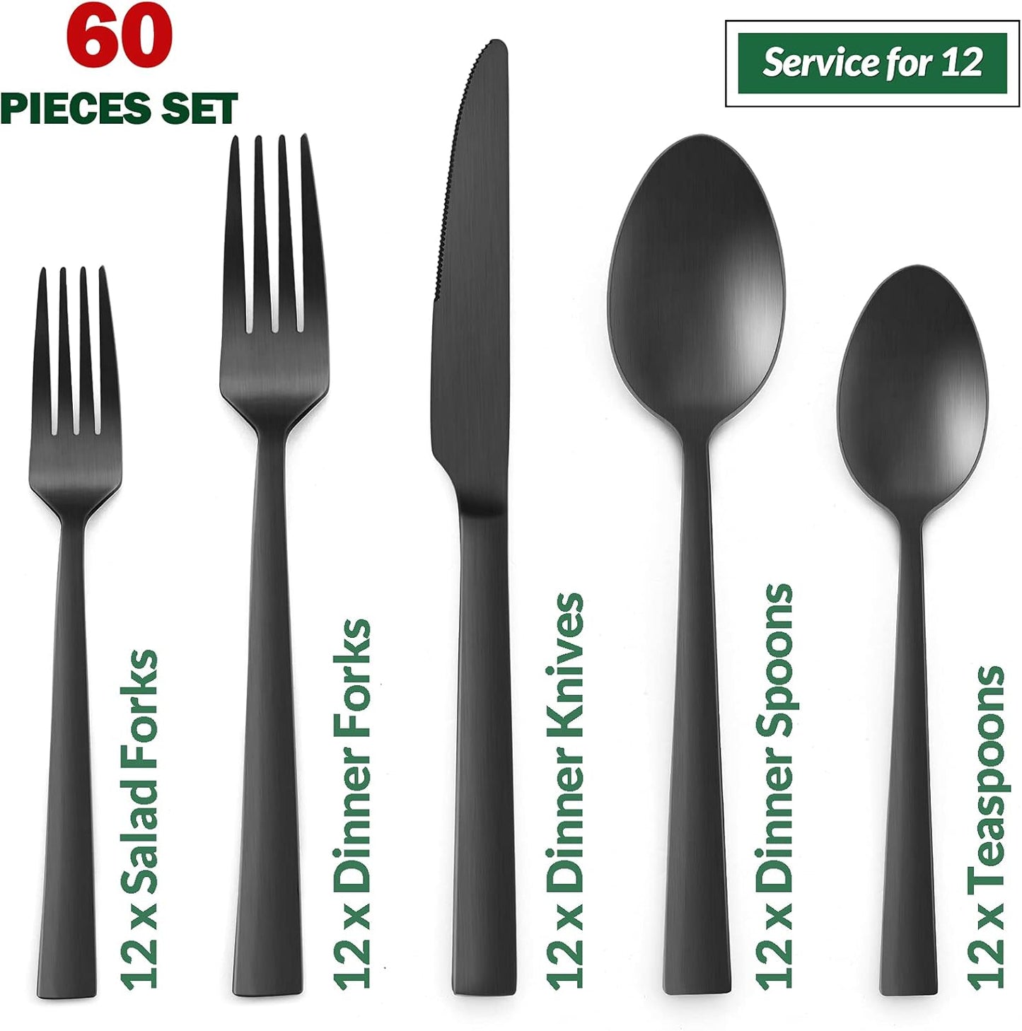 VeSteel 60-Piece Matte Black Silverware Set, Stainless Steel Flatware Set Service for 12, Metal Cutlery Eating Utensils Tableware Includes Forks/Spoons/Knives, Square Edge