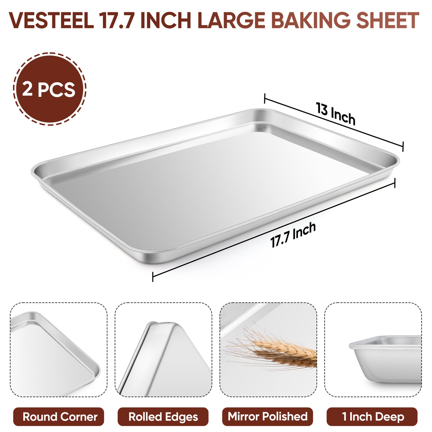 VeSteel Baking Cookie Sheet Set of 2, 17.7 x 13 x 1 inches Stainless Steel Rectangle Baking Pan Oven Tray, Dishwasher Safe