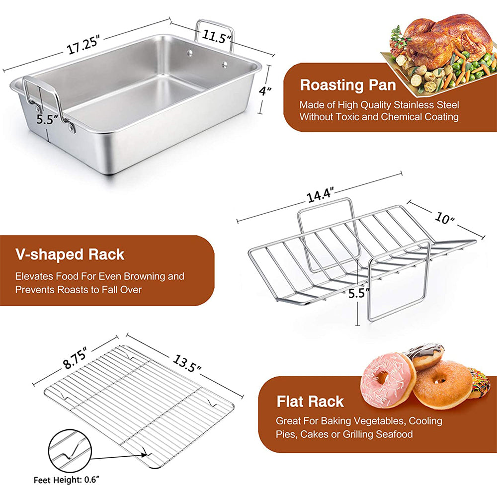 VeSteel Roasting Pan with Rack, Stainless Steel Turkey Roaster Include Deep Lasagna Pan & V-Shaped Rack & Roasting Rack, Heavy Duty & Dishwasher Safe - 17'' x 11.5'' x 5.5''
