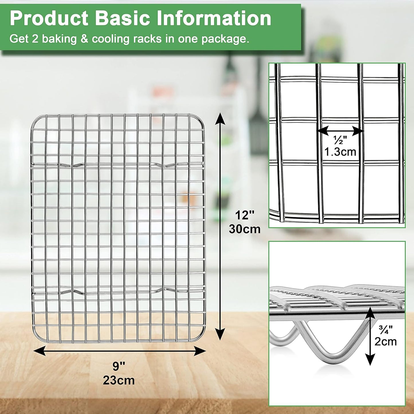 Vesteel 2-Pack Cooling Rack for Baking, Stainless Steel Cookie Rack for Baking Cooking Roasting , 12" x 9" Grid Wire Rack Fits Baking Sheet Pan, Dishwasher Safe