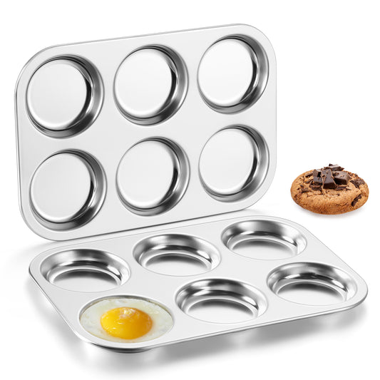 Vesteel 6-Cup Muffin Pan Set of 2, Stainless Steel Cupcake Pan Metal Muffin Baking Tins for Oven, Non-toxic & Dishwasher Safe