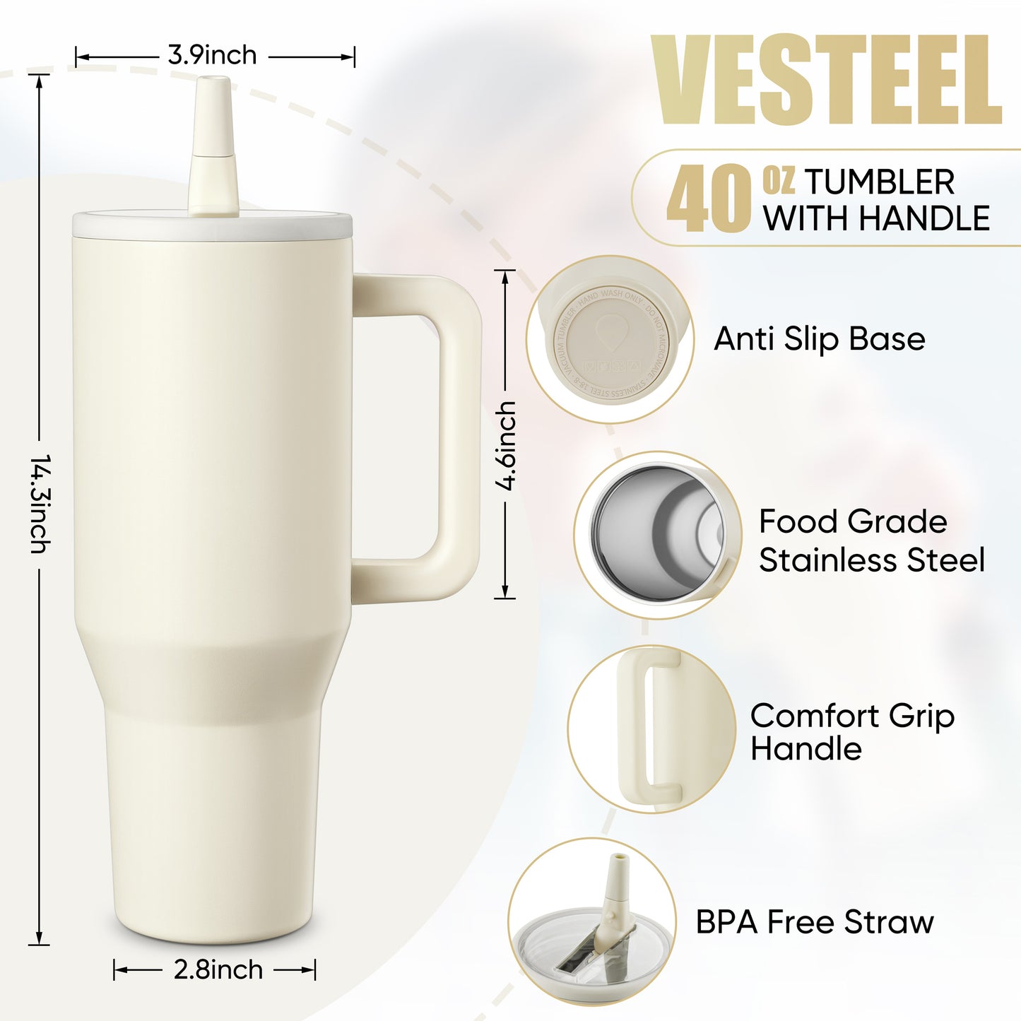 Vesteel 40 oz Stainless Steel Tumbler with Handle & Straw Lid, Vacuum Insulated Travel Mug, Leak Resistant Water Bottle for Water Ice Tea Coffee and Beverages, Gifts for Festival, Cream
