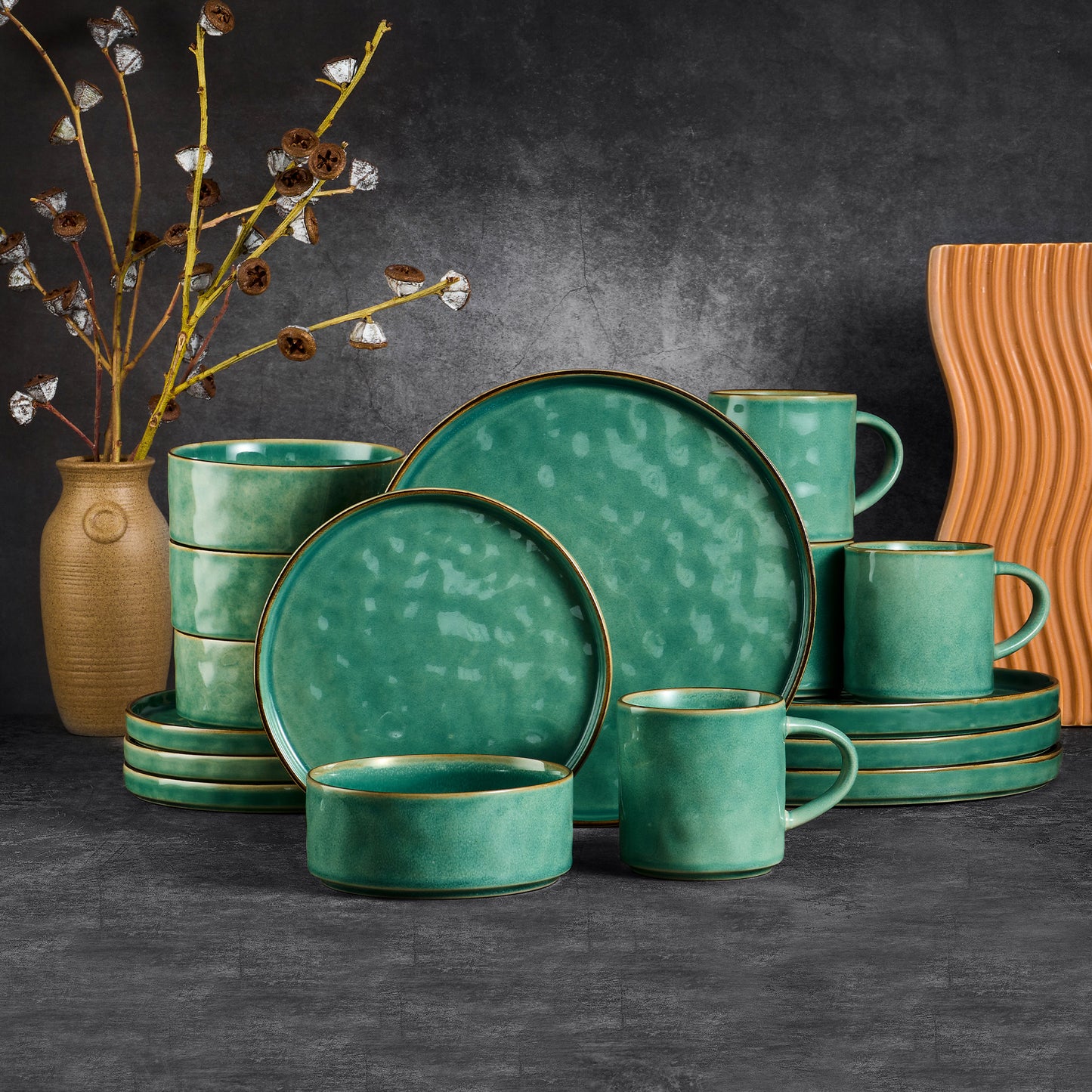 Vesteel 16-Piece Dinnerware Sets, Stoneware Dish and Bowls Set for 4, Handmade Reactive Glaze Coupe Plates Set, Chip & Scratch Resistant - Jade Green