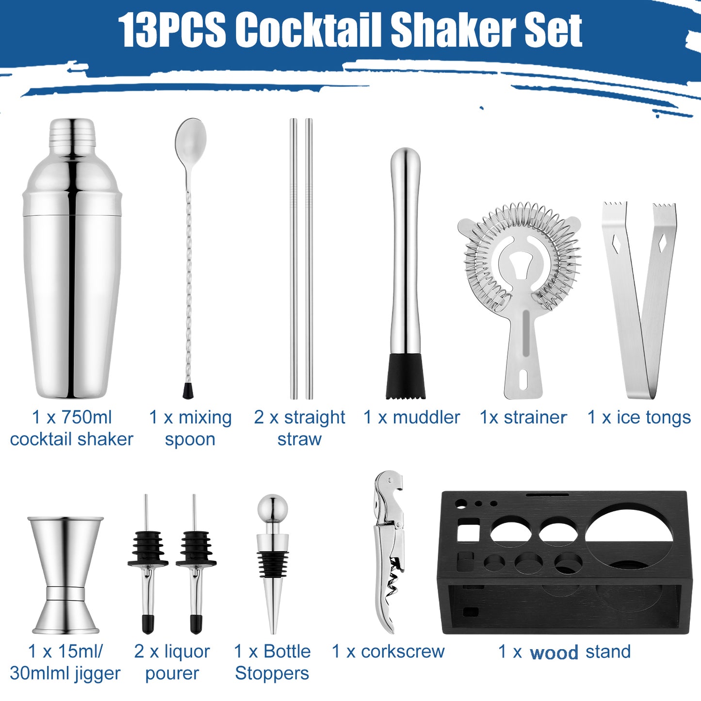 Vesteel 13-Piece Cocktail Shaker Set, Mixology Bartender Kit with Bamboo Stand, Bar Tool Set for Cocktail with Shaker, Jigger & Muddler, Bar Set, Silver