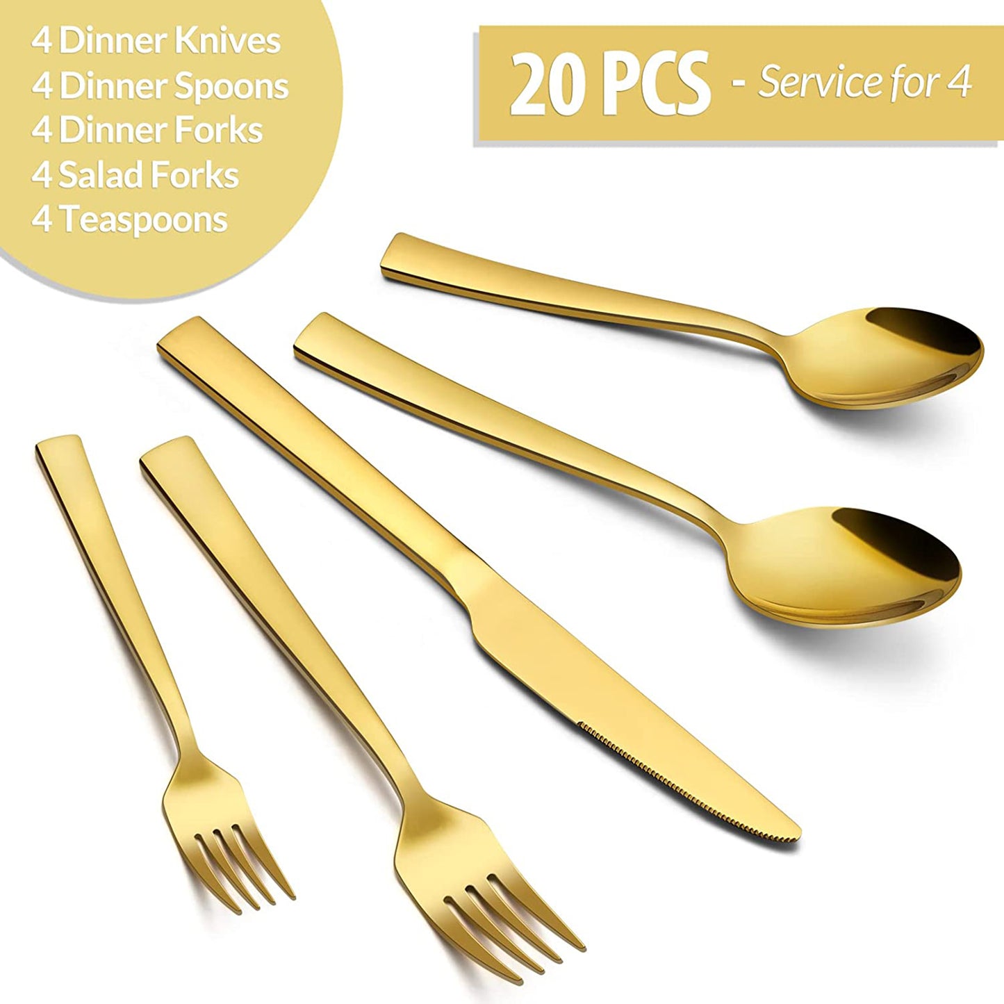 20-Piece Gold Silverware Set, Vesteel Stainless Steel Flatware Set Service for 4, Cutlery Eating Utensil Set Includes Dinner Forks/Spoons/Knives, Square Edge & Mirror Polished, Dishwasher Safe