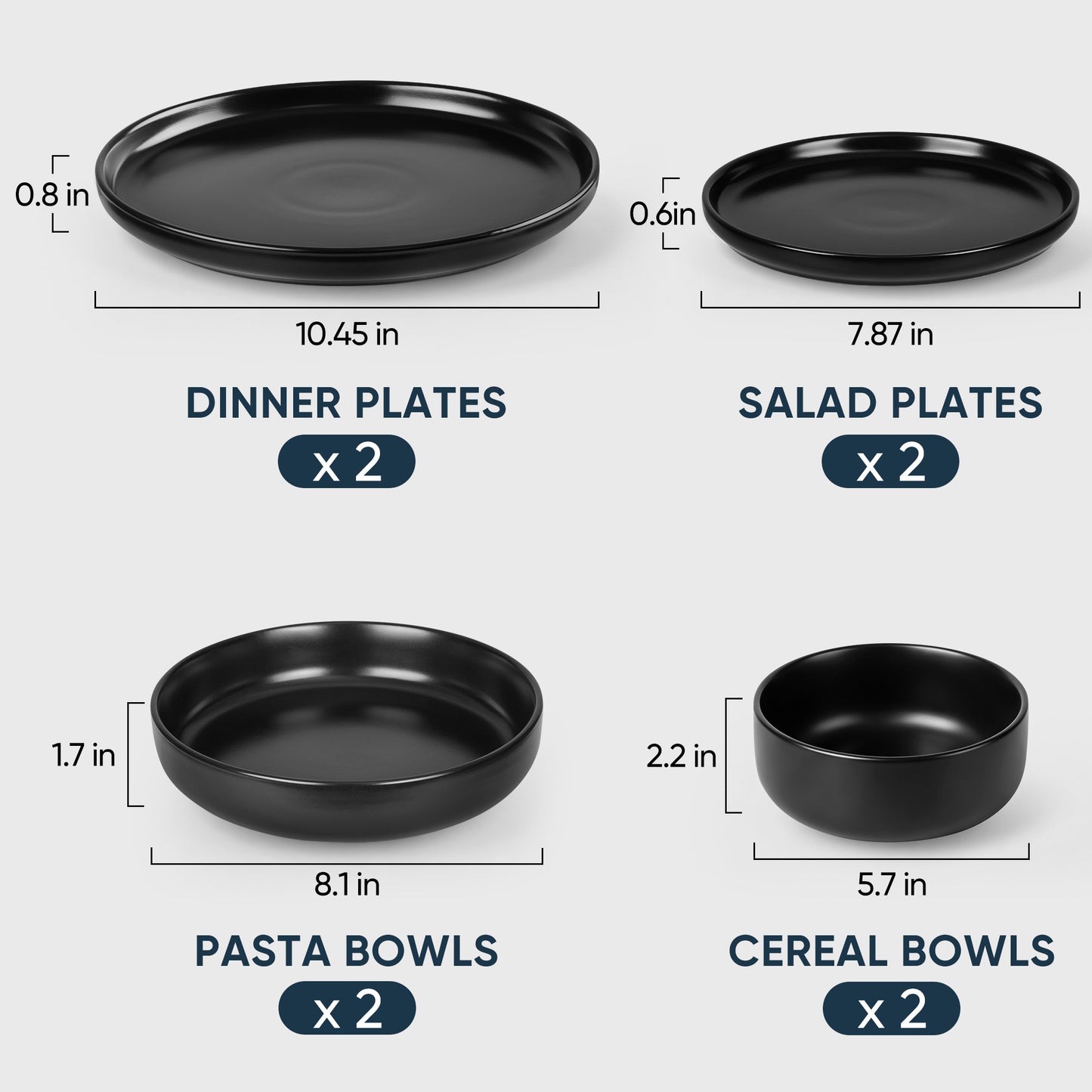 Onader 8-Piece Dinnerware Set, Ceramic Plate and Bowls Set for 2, Scratch Resistant Tableware Dishes Set for Kitchen Restaurant, Microwave & Dishwasher Safe - Matte Black