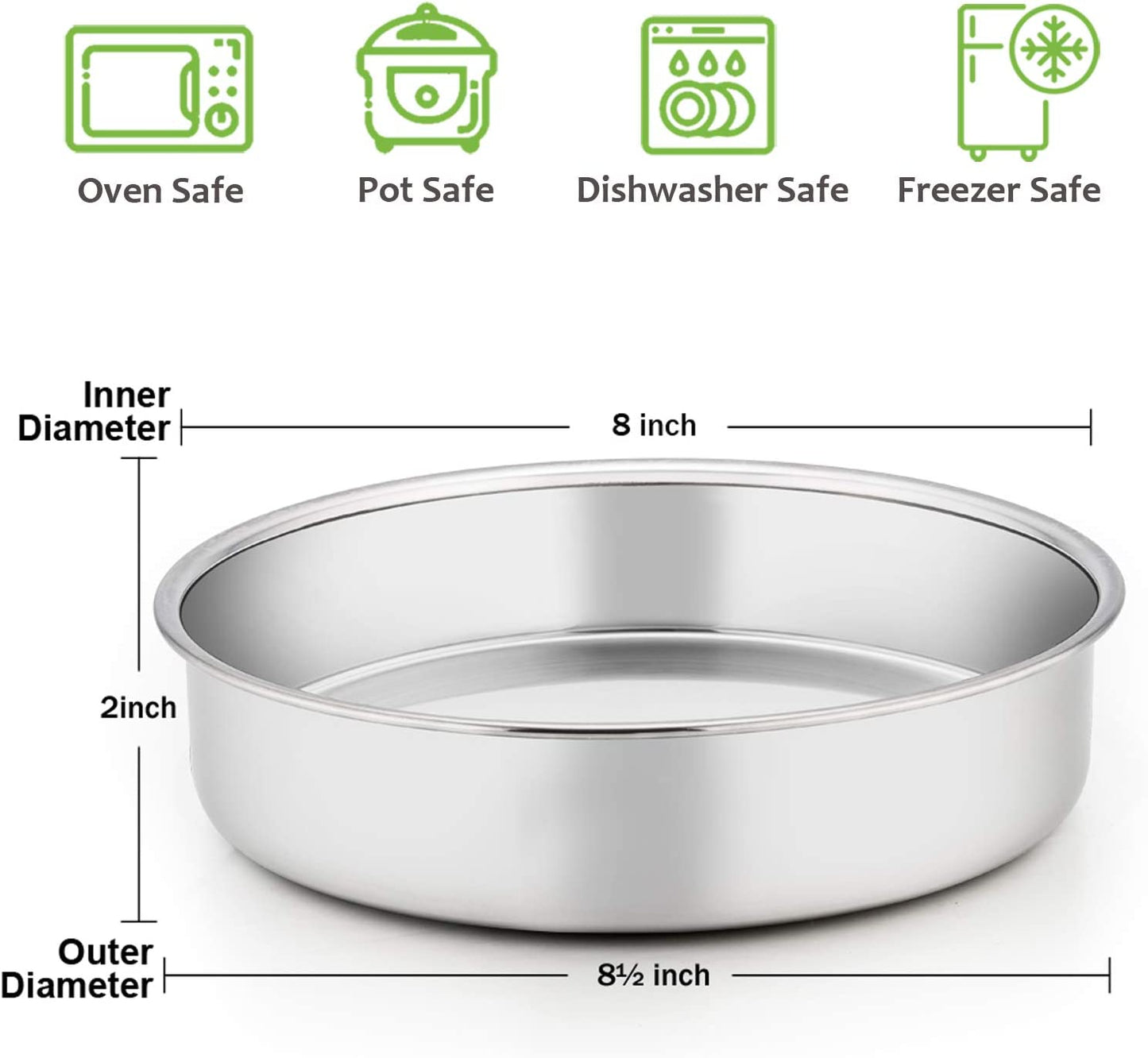 Vesteel 8 inch Cake Pan Set of 2, Stainless Steel Round Layer Cake Baking Pans, Non-Toxic & Healthy, Mirror Finish & Dishwasher Safe