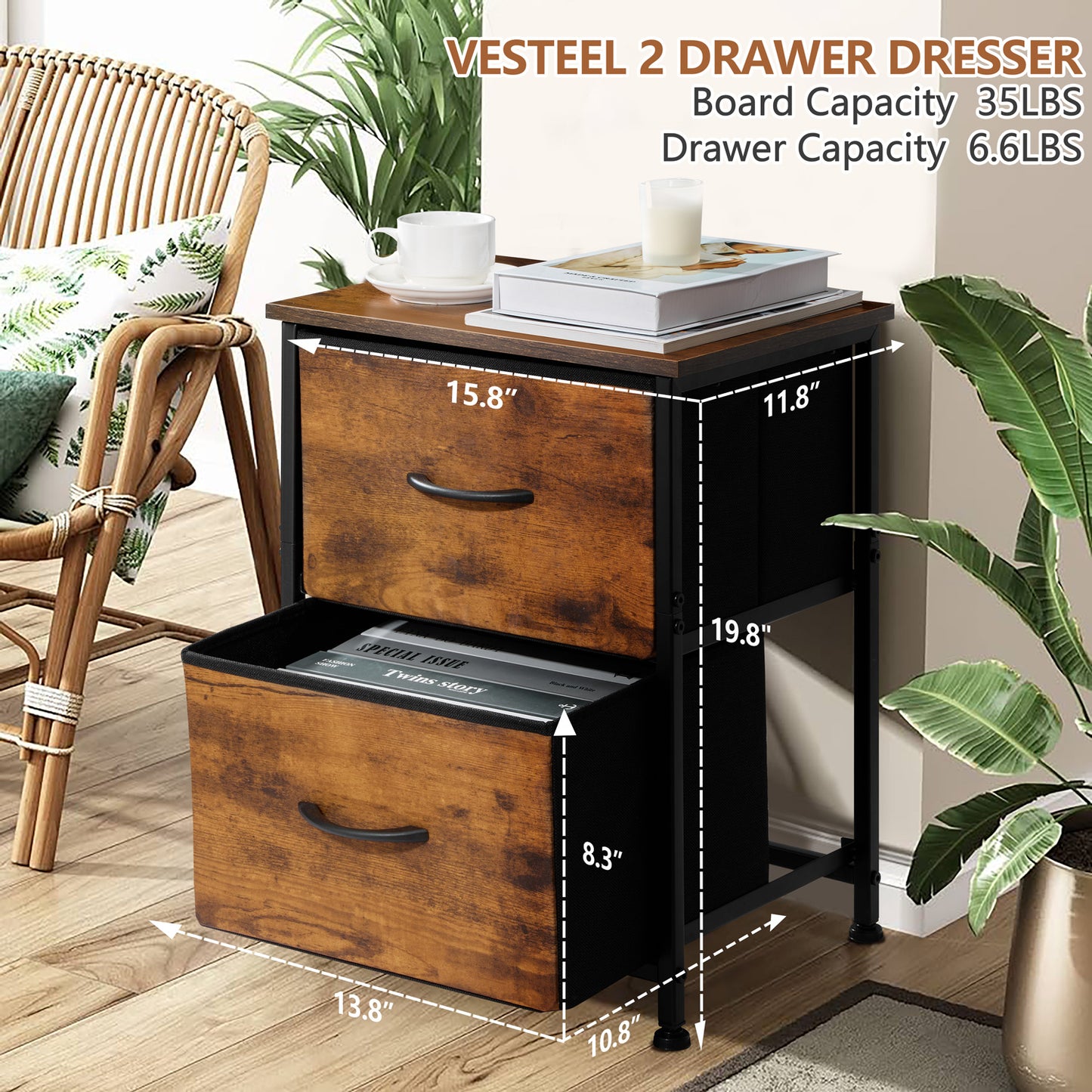Vesteel Nightstand, 2 Drawers Dresser with Wood Top and Sturdy Steel Frame, Fabric End Table Bedside Furniture Dresser for Bedroom Closet Dorm - Rustic Brown