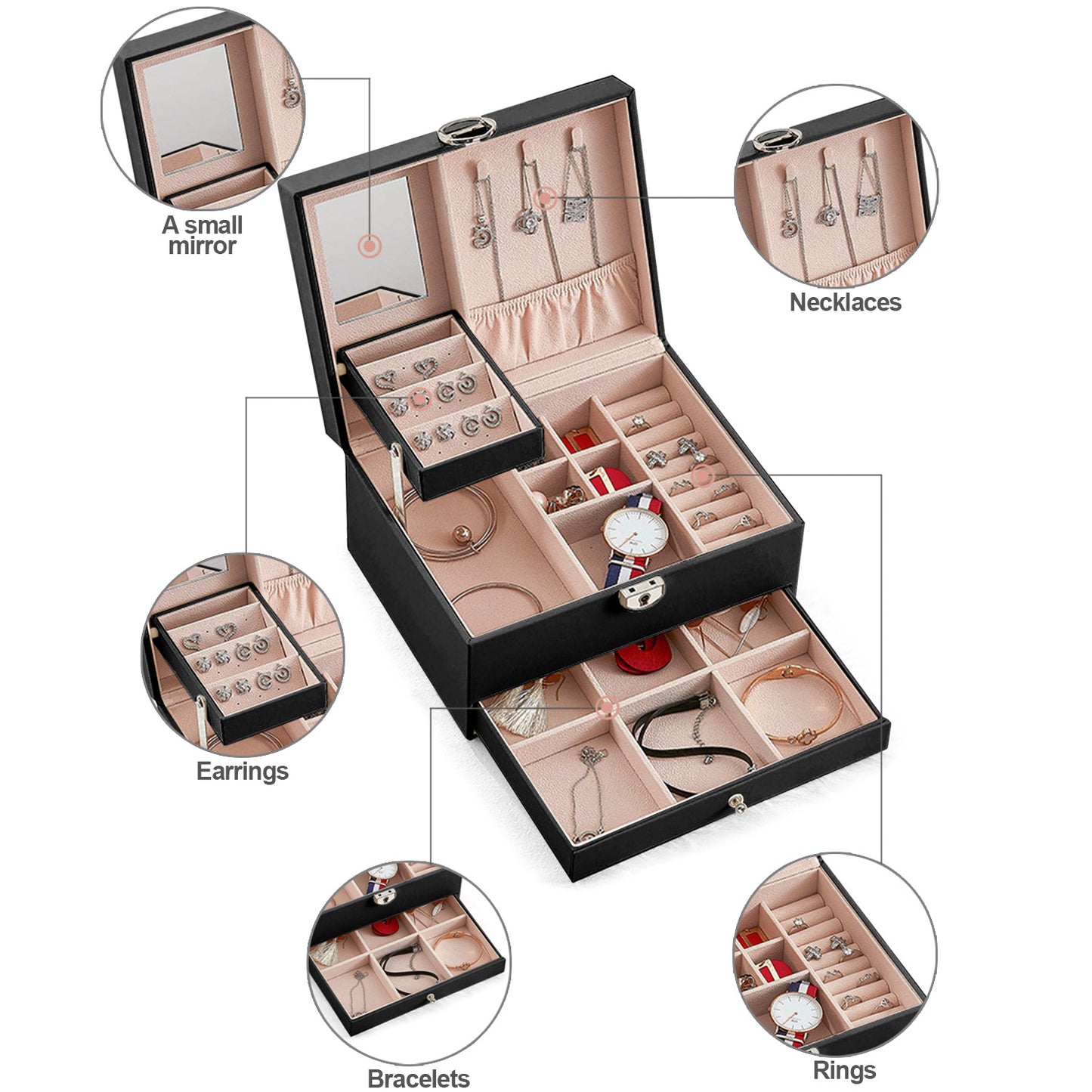Vesteel Jewelry Box, 2-Layer Leather Jewelry Storage Organizer with Lock Drawer Built-in Mirror, Jewelry Case for Rings Necklaces Earrings Watches - Black