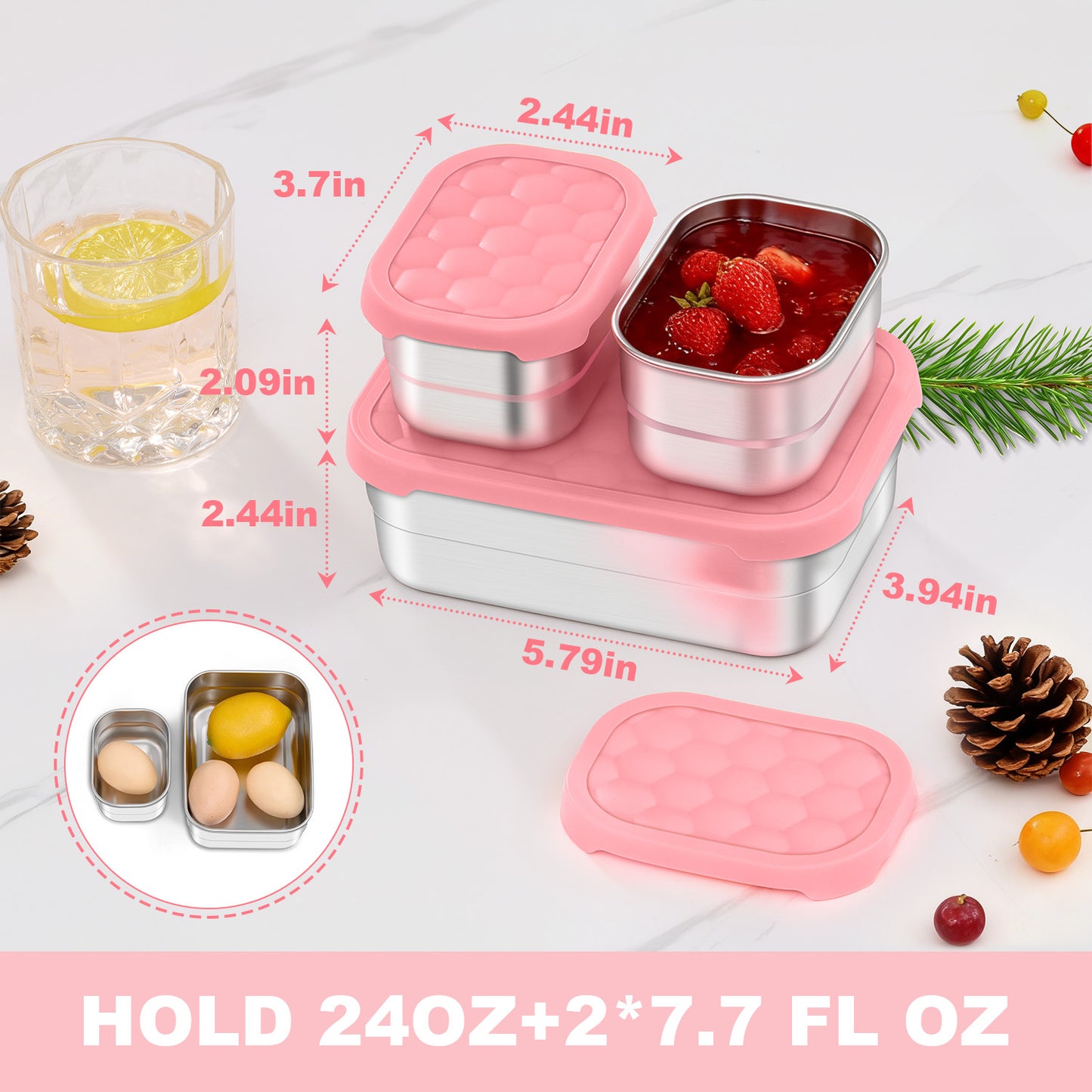 Vesteel Stainless Steel Lunch Container Set, Leak Proof Bento Box with Silicone Lids, Portable Metal Lunch Box for School and Daycare(25OZ + 8OZ*2), Pink
