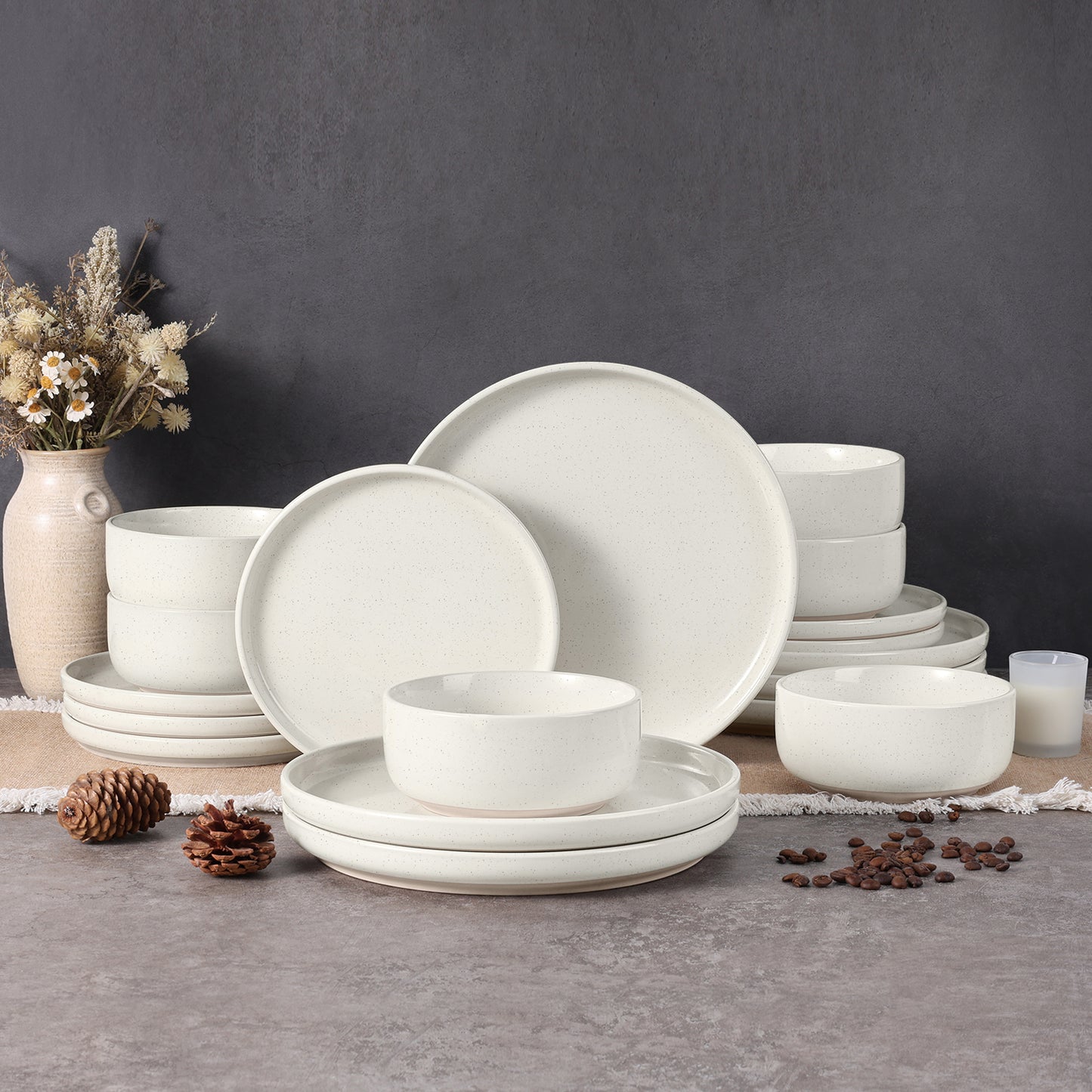 Vesteel 18-Piece Dinnerware set, Ceramic Plates and Bowls set for 6, Speckled Stoneware Dishes Set for Family, Microwave & Dishwasher Safe - Speckled White